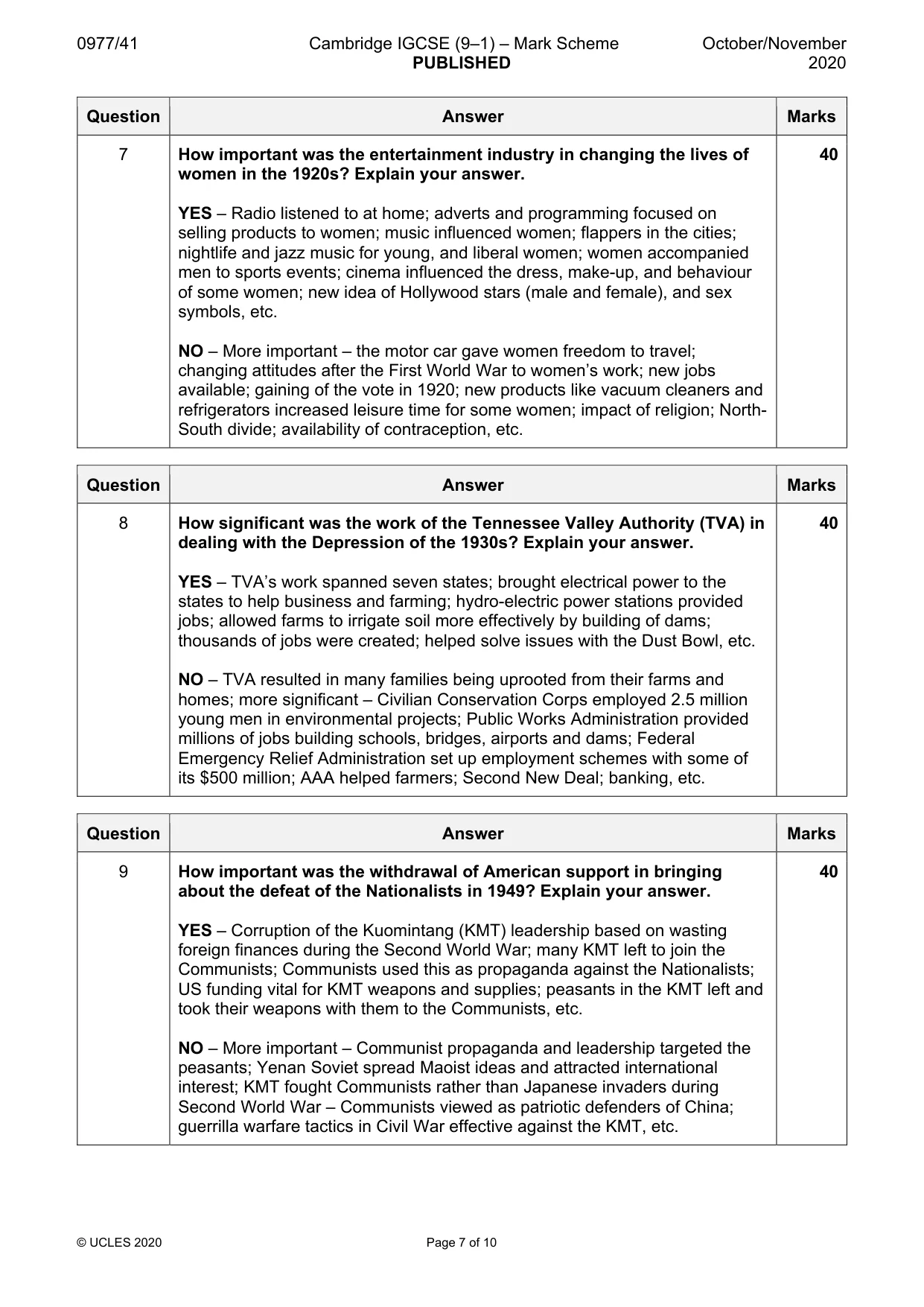 Mark scheme, page 7 of 10