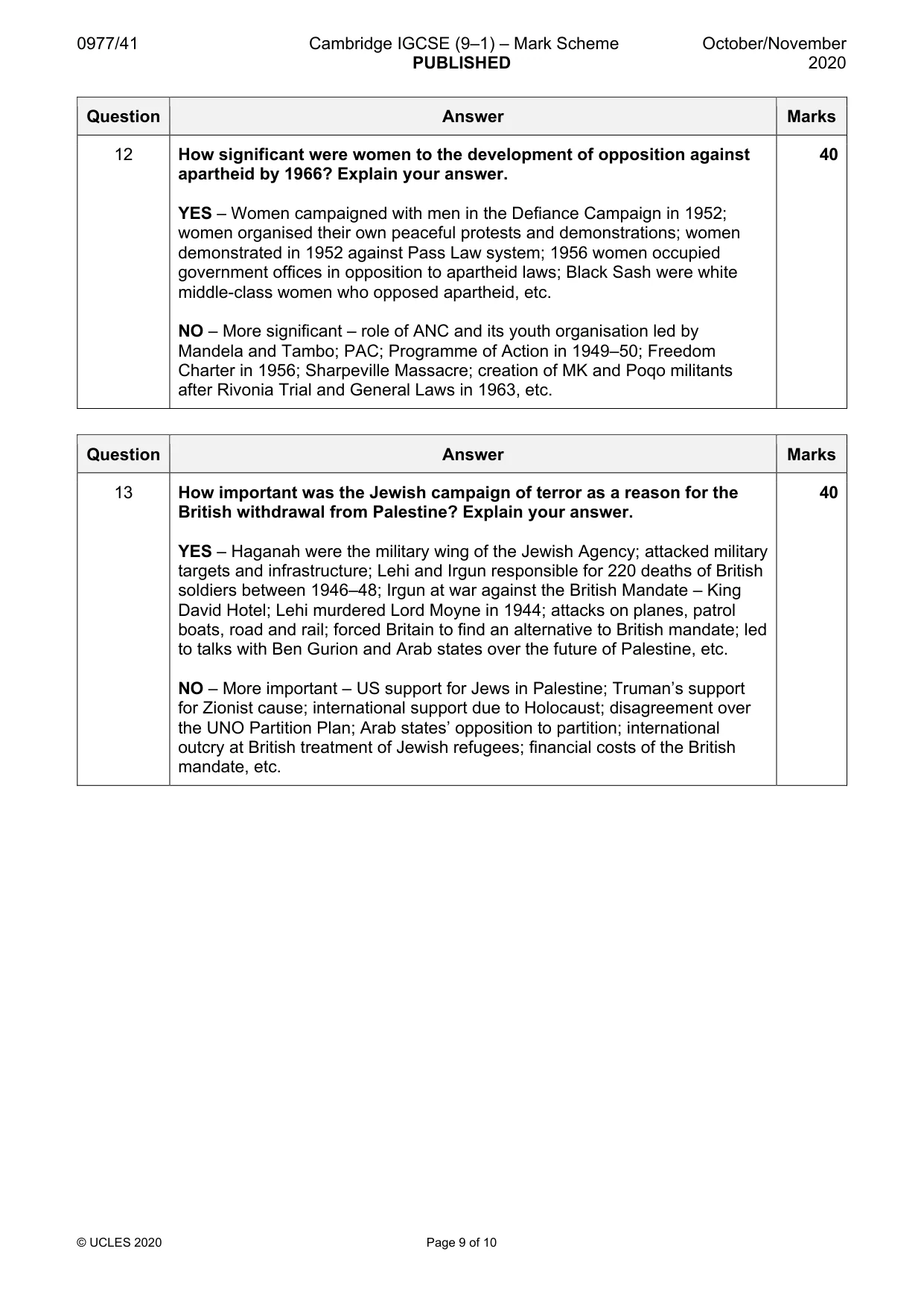 Mark scheme, page 9 of 10
