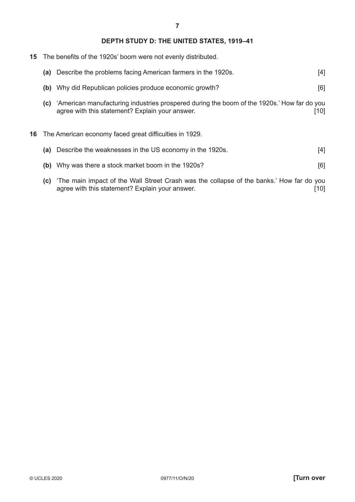 Cambridge IGCSE History (9-1) 0977 2020 Oct/Nov Paper 1 · Variant 1 question paper, page 7 of 12