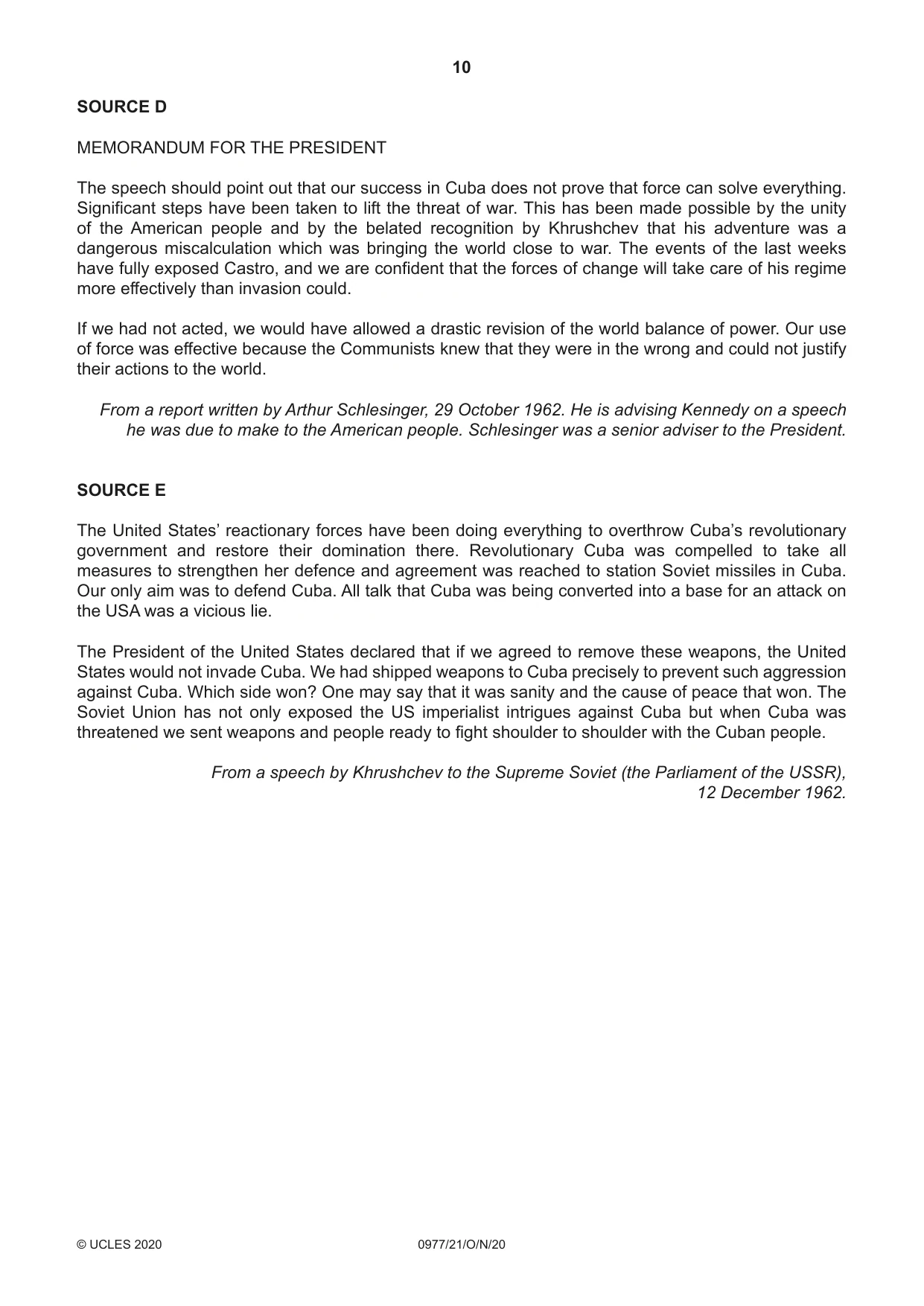 Cambridge IGCSE History (9-1) 0977 2020 Oct/Nov Paper 2 · Variant 1 question paper, page 10 of 12