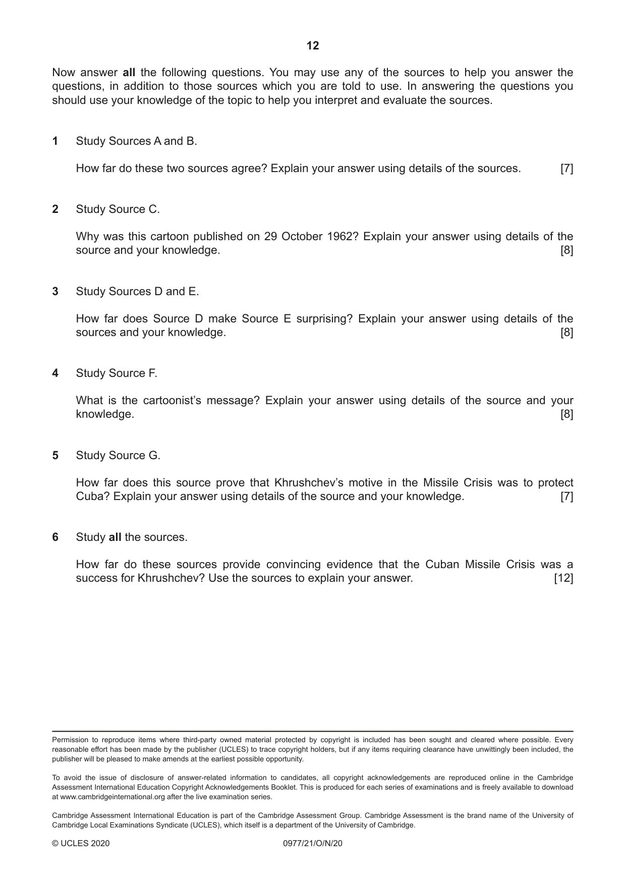Cambridge IGCSE History (9-1) 0977 2020 Oct/Nov Paper 2 · Variant 1 question paper, page 12 of 12