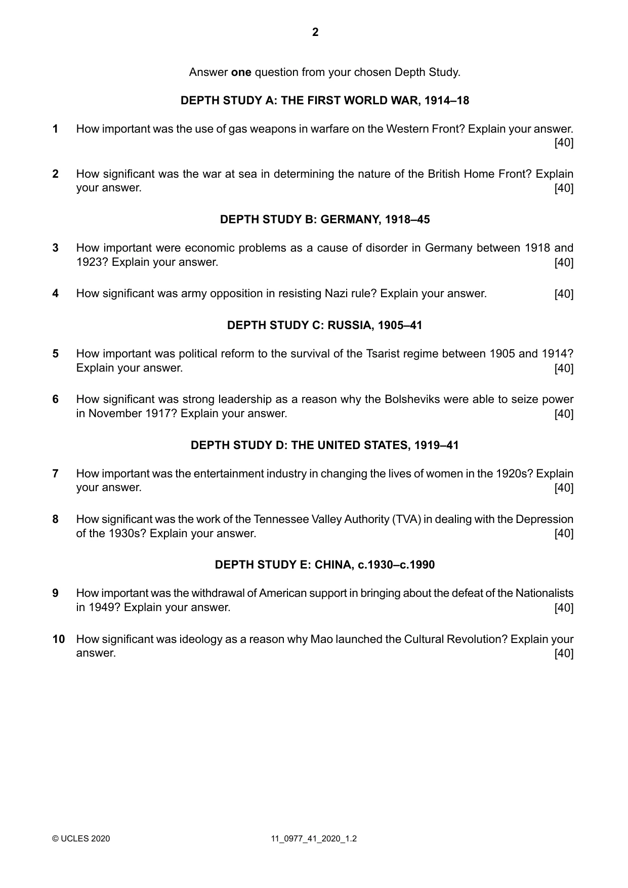 Cambridge IGCSE History (9-1) 0977 2020 Oct/Nov Paper 4 · Variant 1 question paper, page 2 of 4