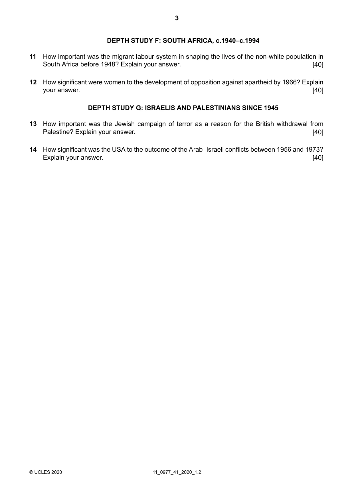 Cambridge IGCSE History (9-1) 0977 2020 Oct/Nov Paper 4 · Variant 1 question paper, page 3 of 4
