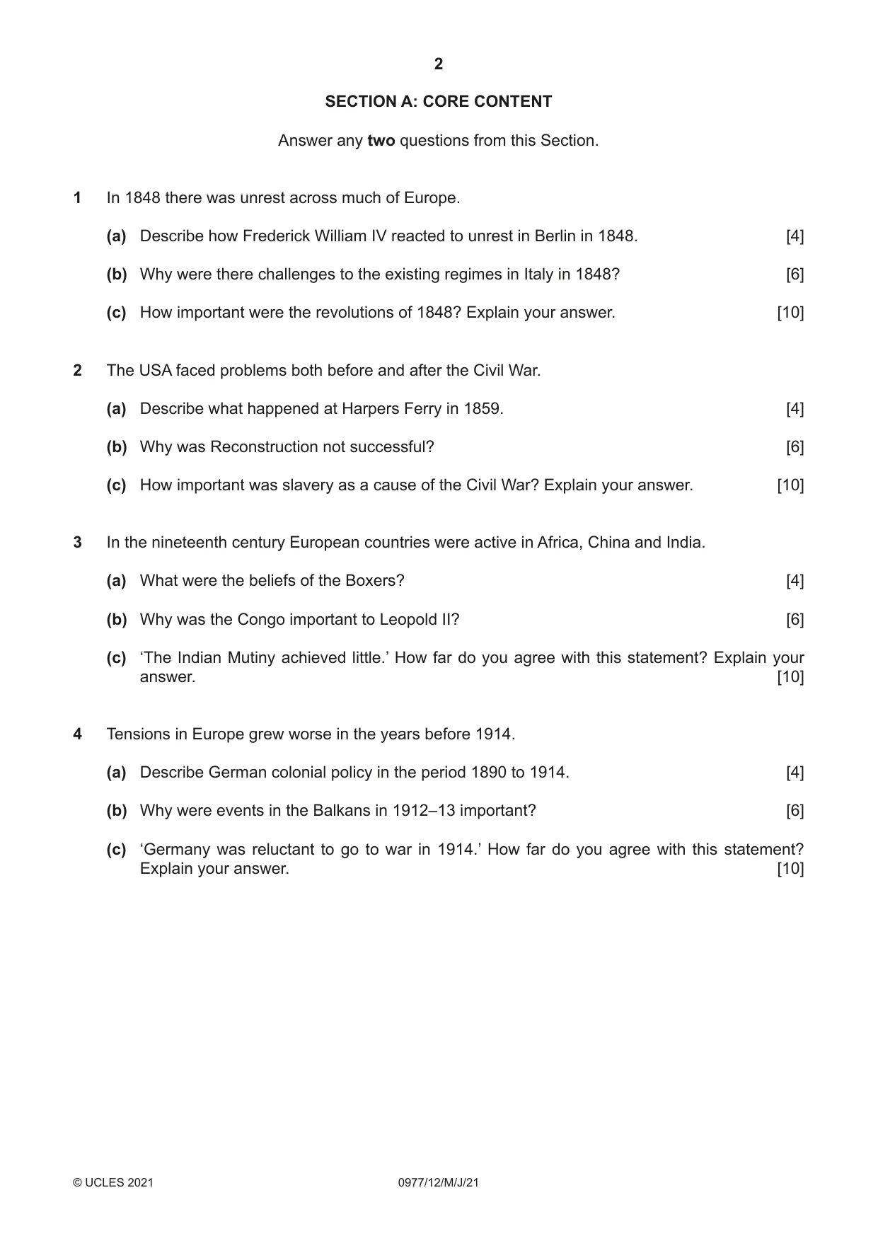 Cambridge IGCSE History (9-1) 0977 2021 May/June Paper 1 · Variant 2 question paper, page 2 of 12