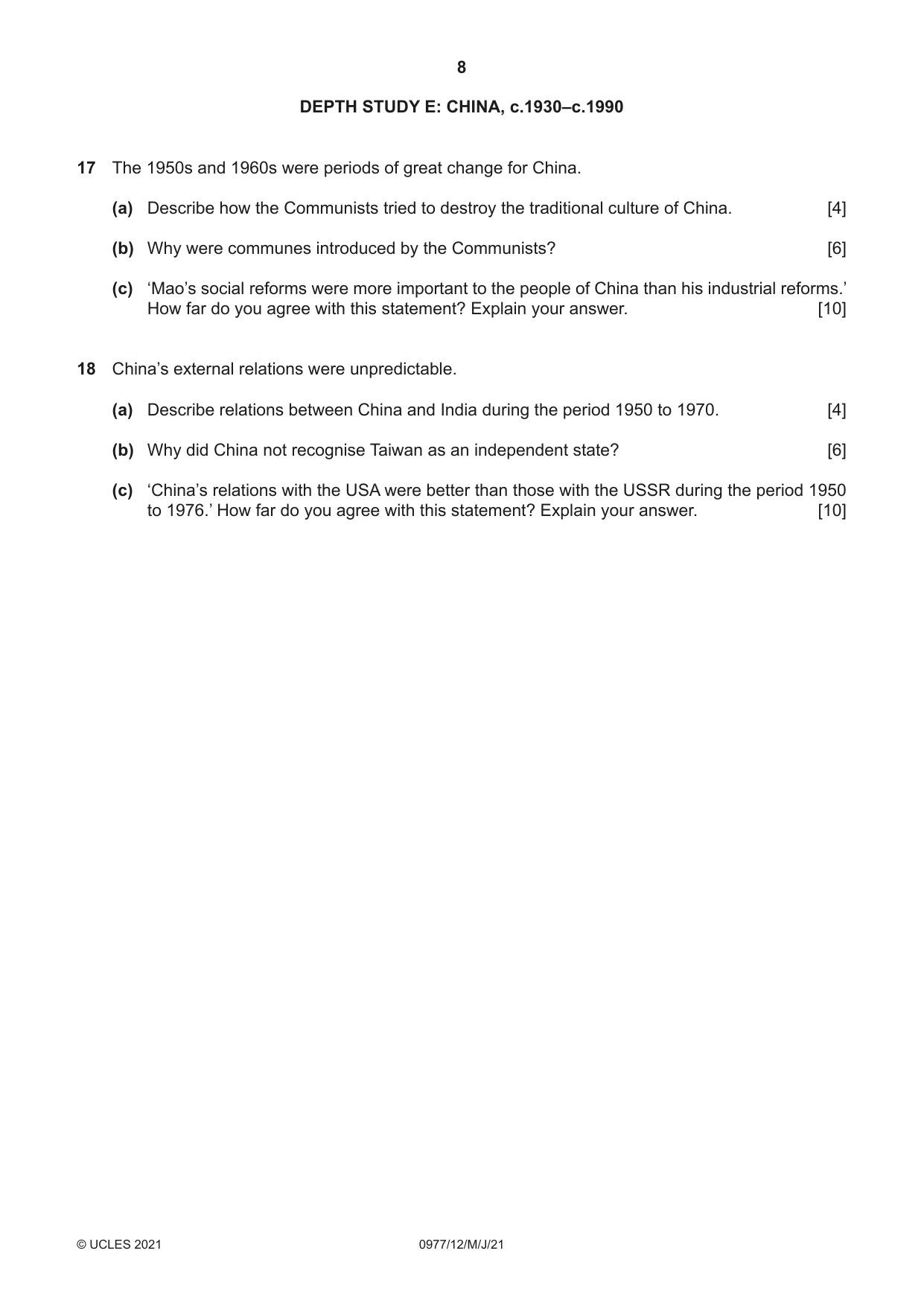 Cambridge IGCSE History (9-1) 0977 2021 May/June Paper 1 · Variant 2 question paper, page 8 of 12