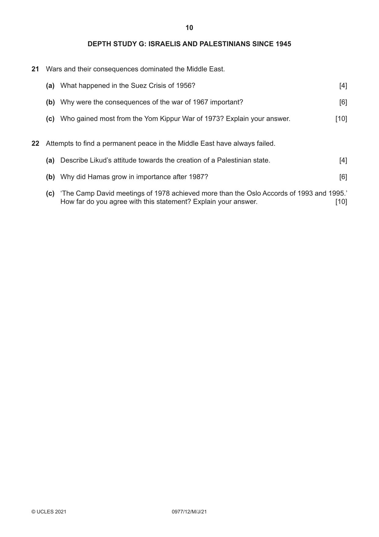 Cambridge IGCSE History (9-1) 0977 2021 May/June Paper 1 · Variant 2 question paper, page 10 of 12