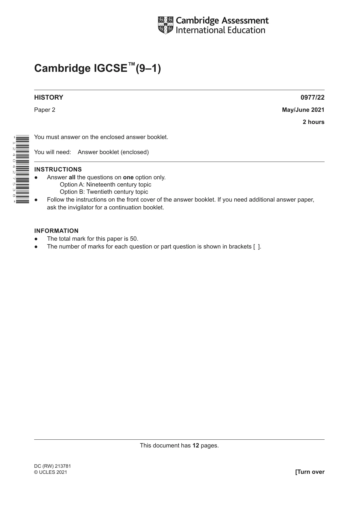 Cambridge IGCSE History (9-1) 0977 2021 May/June Paper 2 · Variant 2 question paper, page 1 of 12