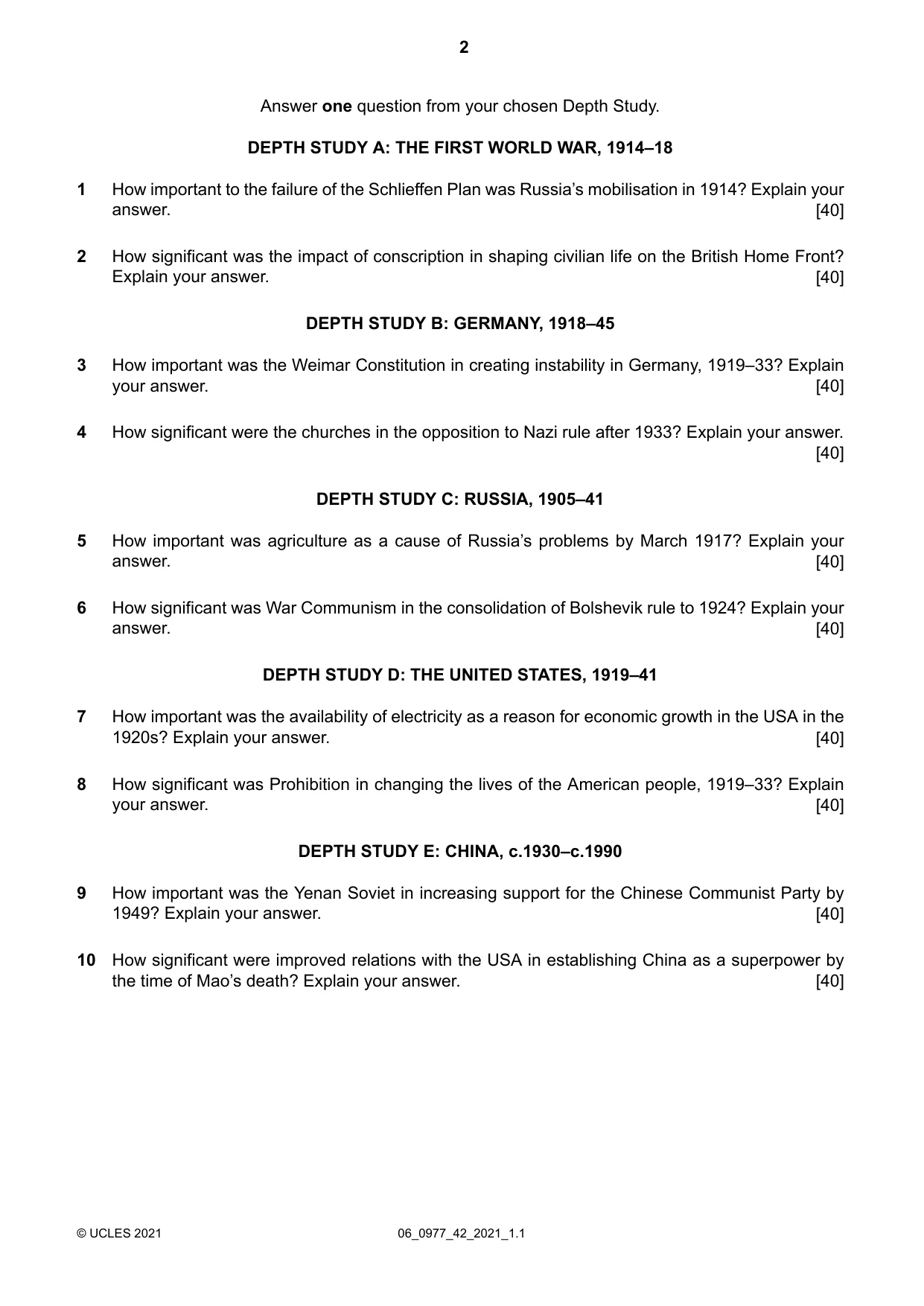 Cambridge IGCSE History (9-1) 0977 2021 May/June Paper 4 · Variant 2 question paper, page 2 of 4