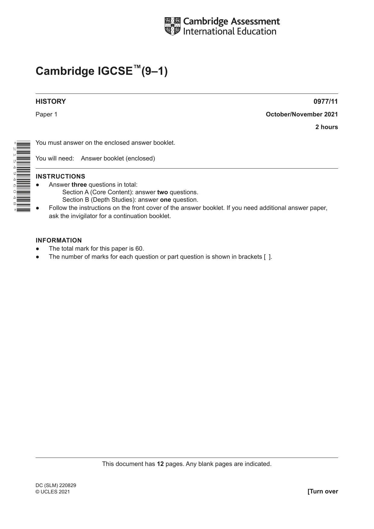 Cambridge IGCSE History (9-1) 0977 2021 Oct/Nov Paper 1 · Variant 1 question paper, page 1 of 12
