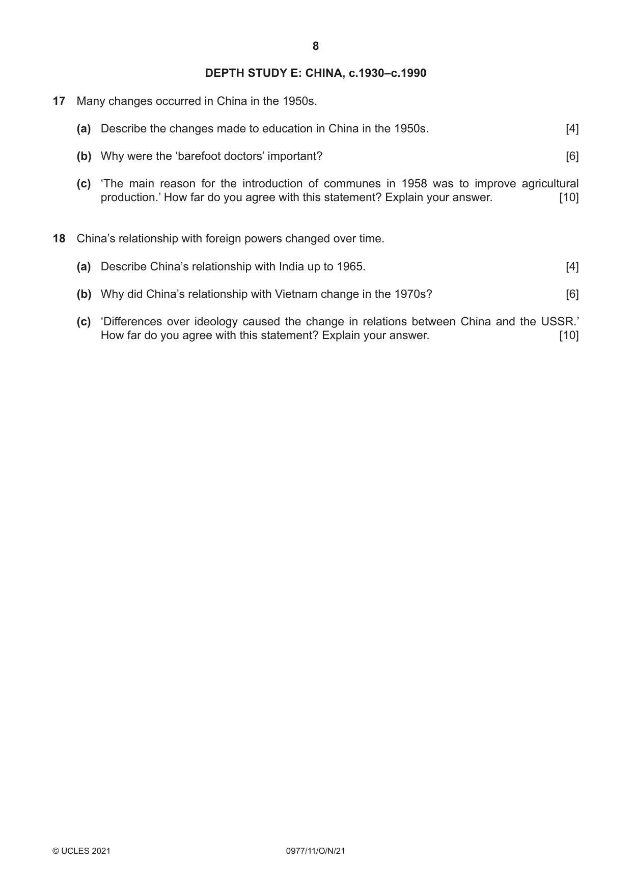 Cambridge IGCSE History (9-1) 0977 2021 Oct/Nov Paper 1 · Variant 1 question paper, page 8 of 12