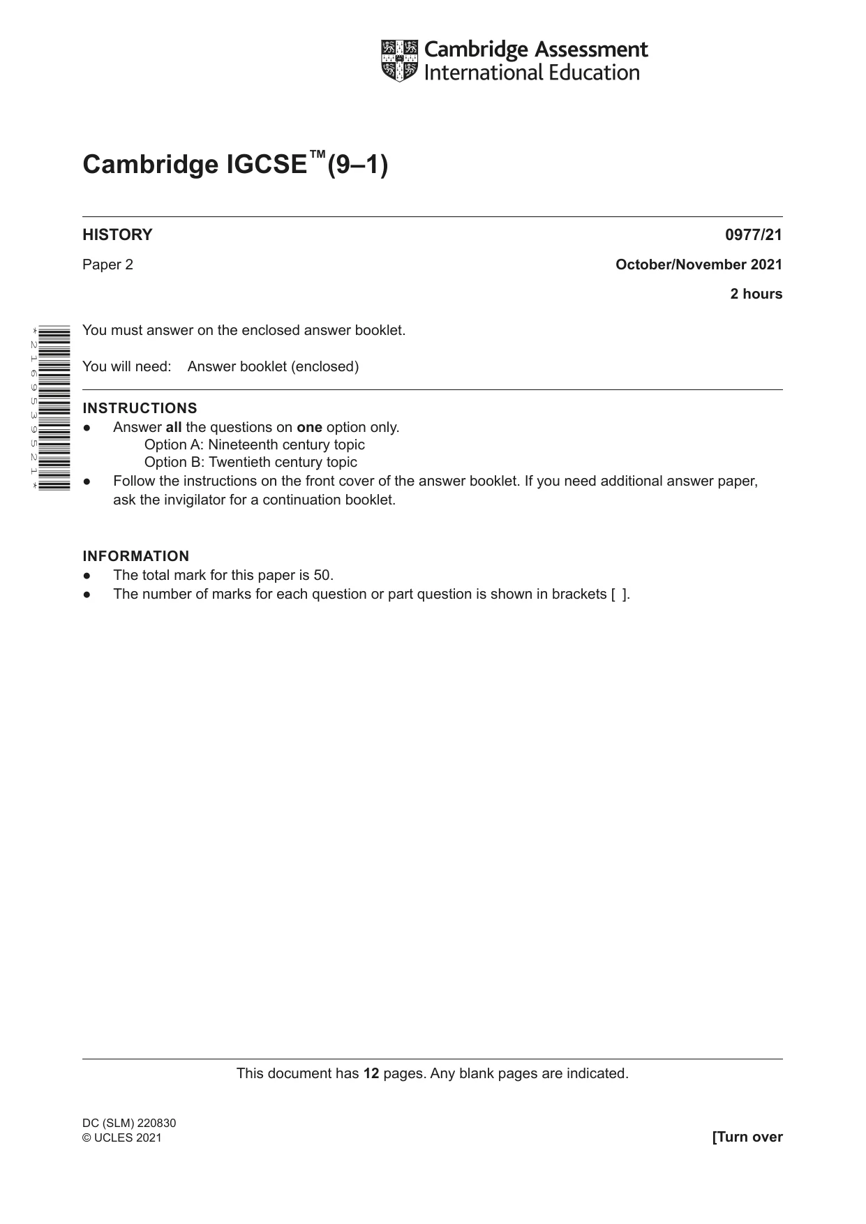 Cambridge IGCSE History (9-1) 0977 2021 Oct/Nov Paper 2 · Variant 1 question paper, page 1 of 12