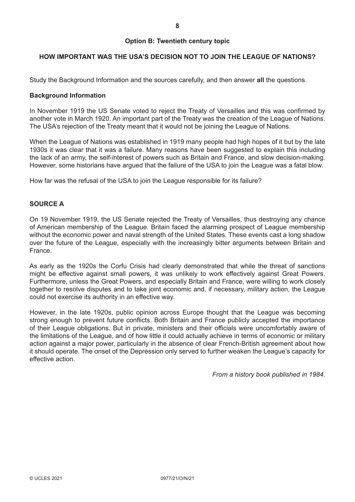 Cambridge IGCSE History (9-1) 0977 2021 Oct/Nov Paper 2 · Variant 1 question paper, page 8 of 12