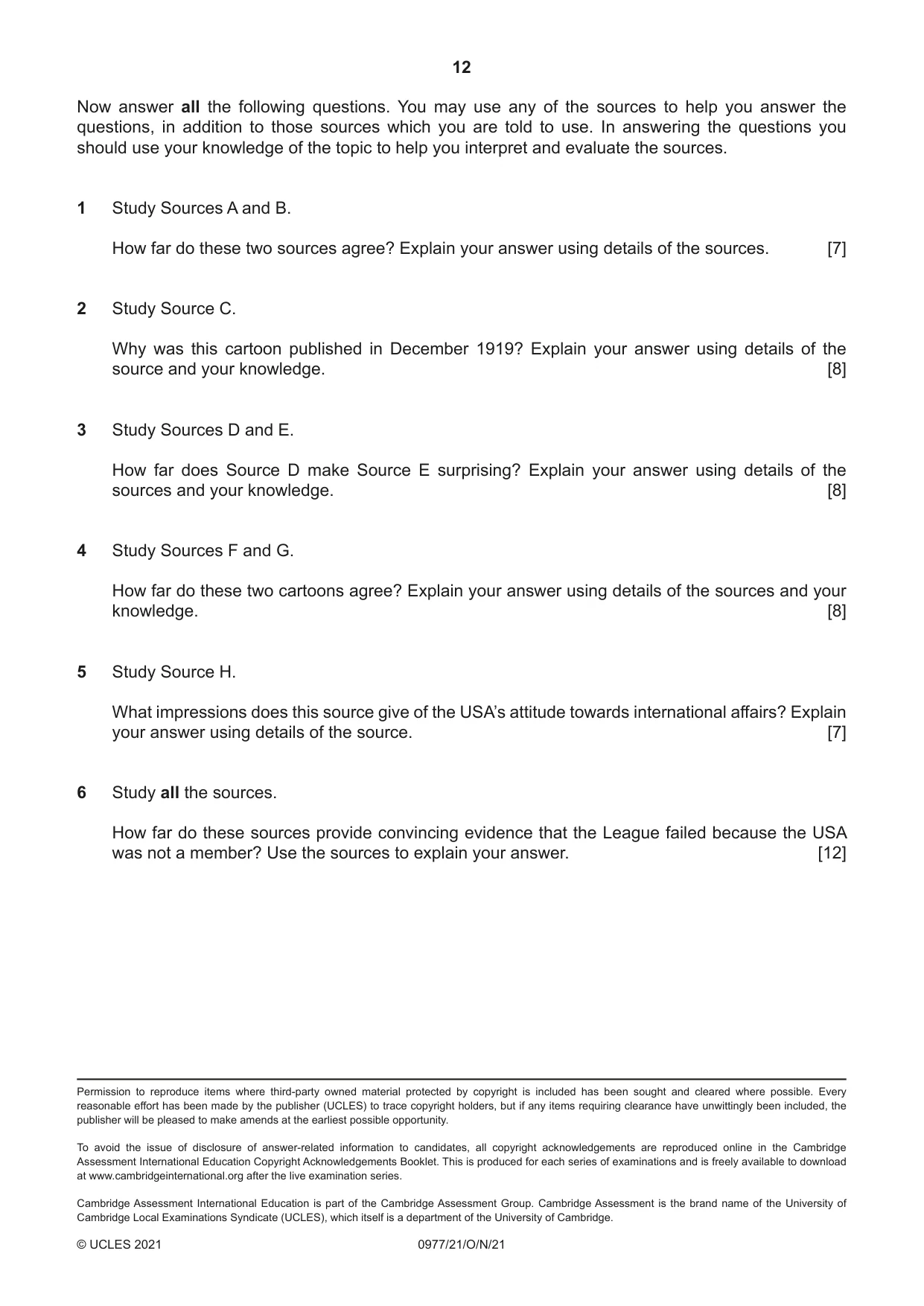 Cambridge IGCSE History (9-1) 0977 2021 Oct/Nov Paper 2 · Variant 1 question paper, page 12 of 12