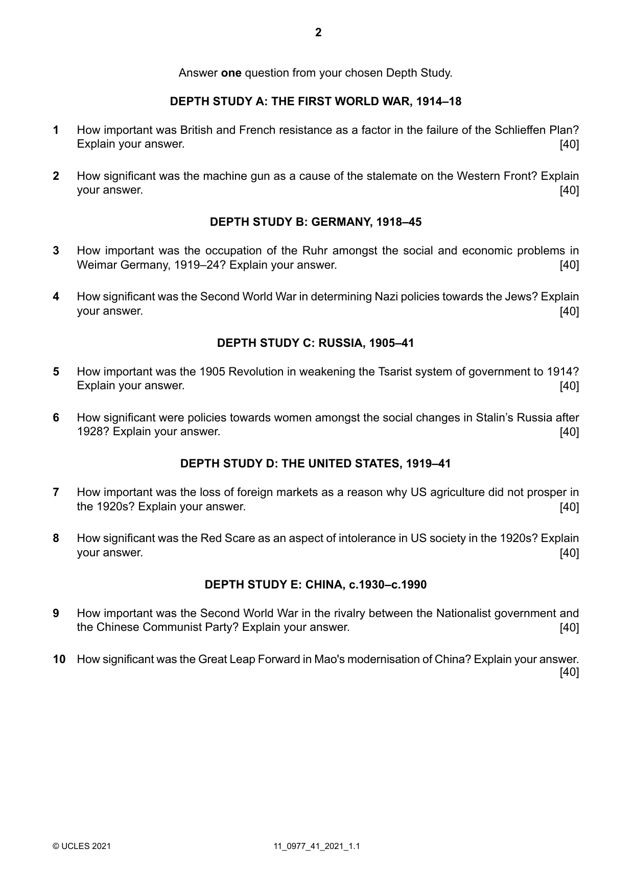 Cambridge IGCSE History (9-1) 0977 2021 Oct/Nov Paper 4 · Variant 1 question paper, page 2 of 4