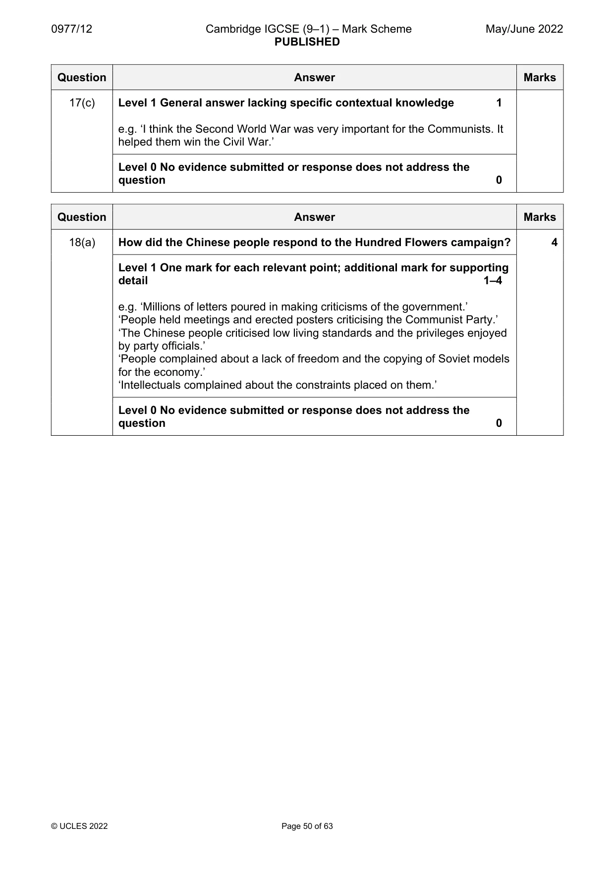 Mark scheme, page 50 of 63