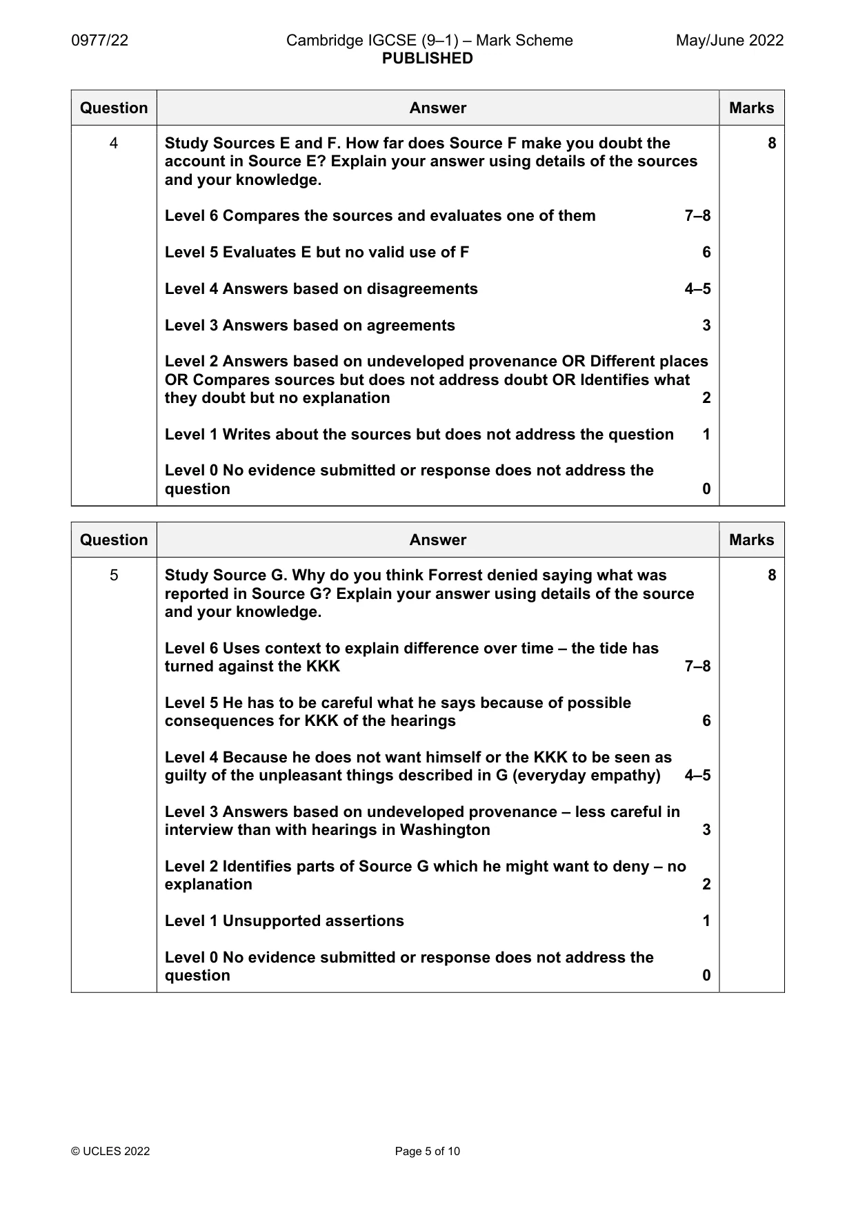 Mark scheme, page 5 of 10