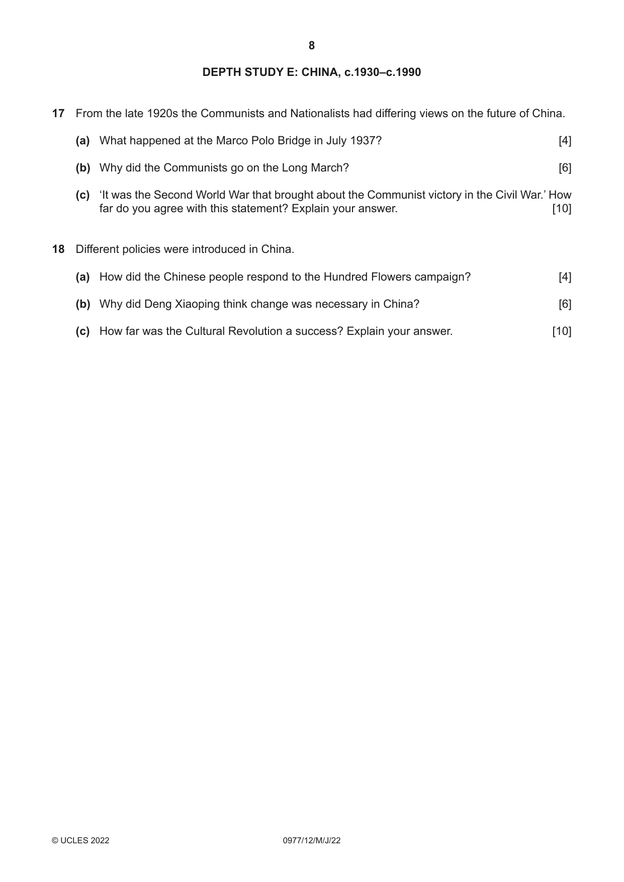 Cambridge IGCSE History (9-1) 0977 2022 May/June Paper 1 · Variant 2 question paper, page 8 of 12