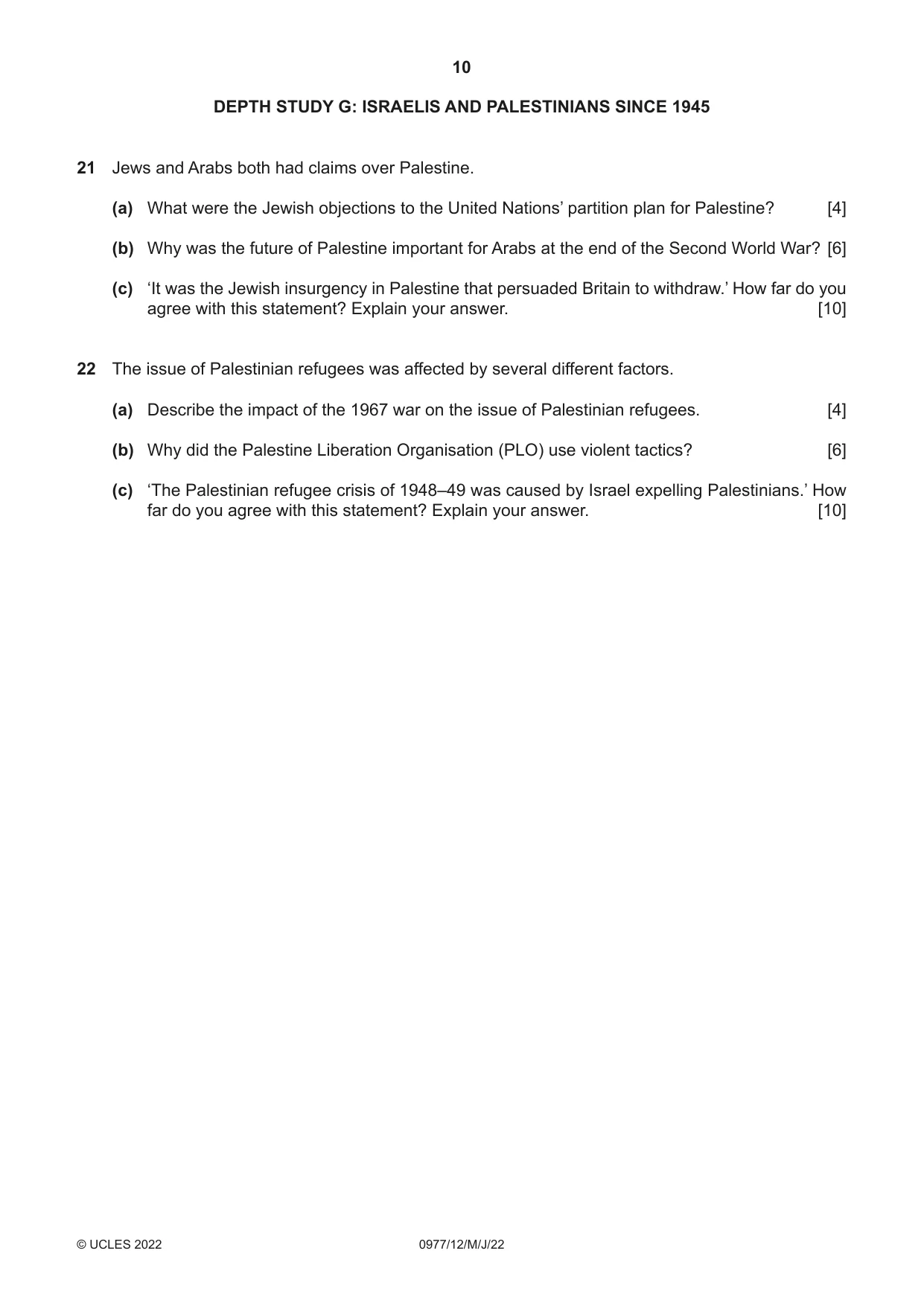 Cambridge IGCSE History (9-1) 0977 2022 May/June Paper 1 · Variant 2 question paper, page 10 of 12