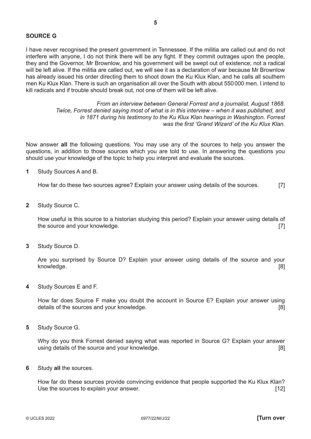 Cambridge IGCSE History (9-1) 0977 2022 May/June Paper 2 · Variant 2 question paper, page 5 of 12