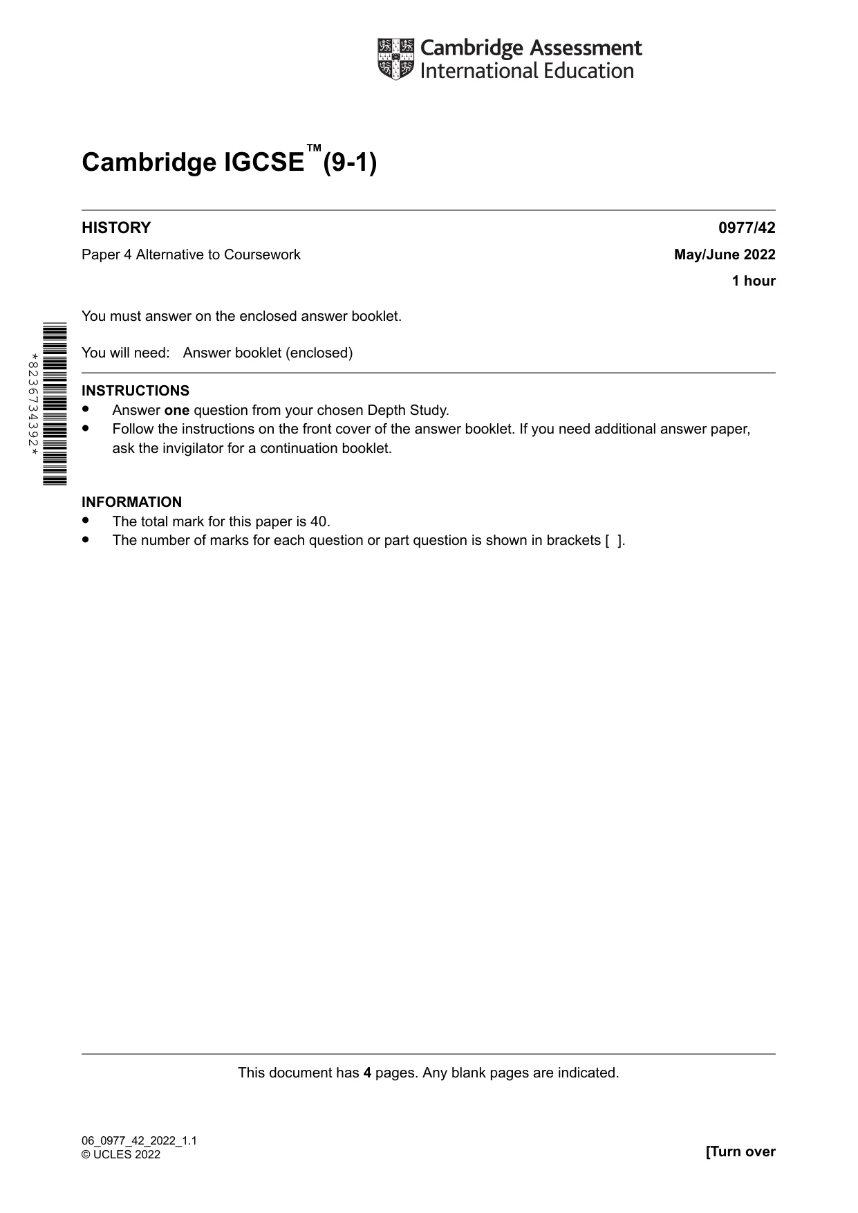 Cambridge IGCSE History (9-1) 0977 2022 May/June Paper 4 · Variant 2 question paper, page 1 of 4
