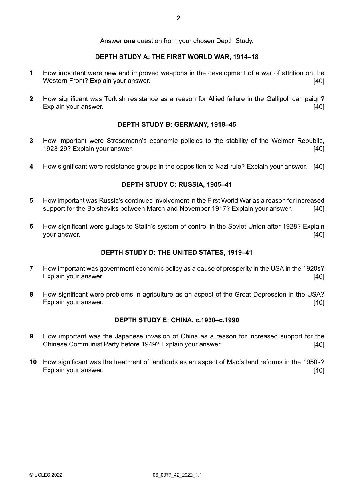 Cambridge IGCSE History (9-1) 0977 2022 May/June Paper 4 · Variant 2 question paper, page 2 of 4