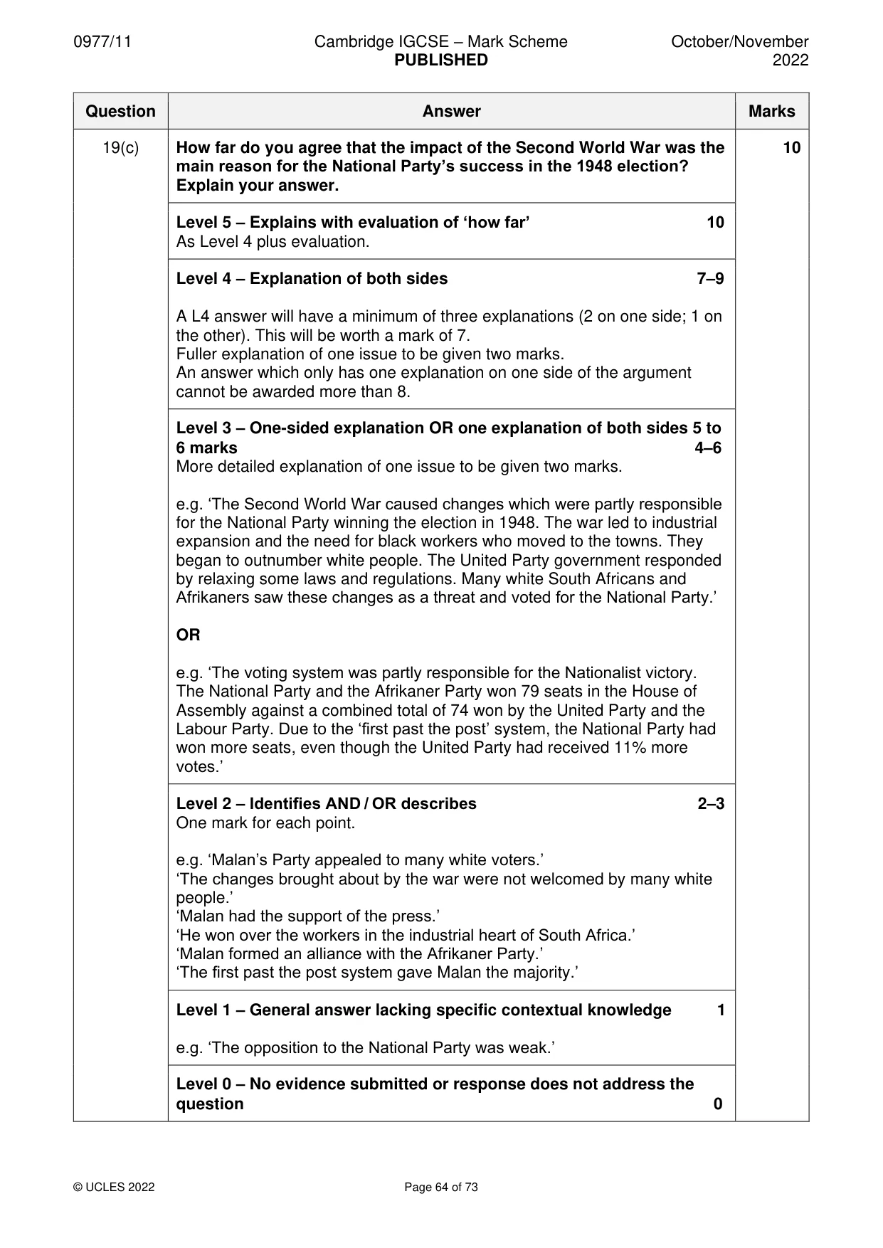 Mark scheme, page 64 of 73