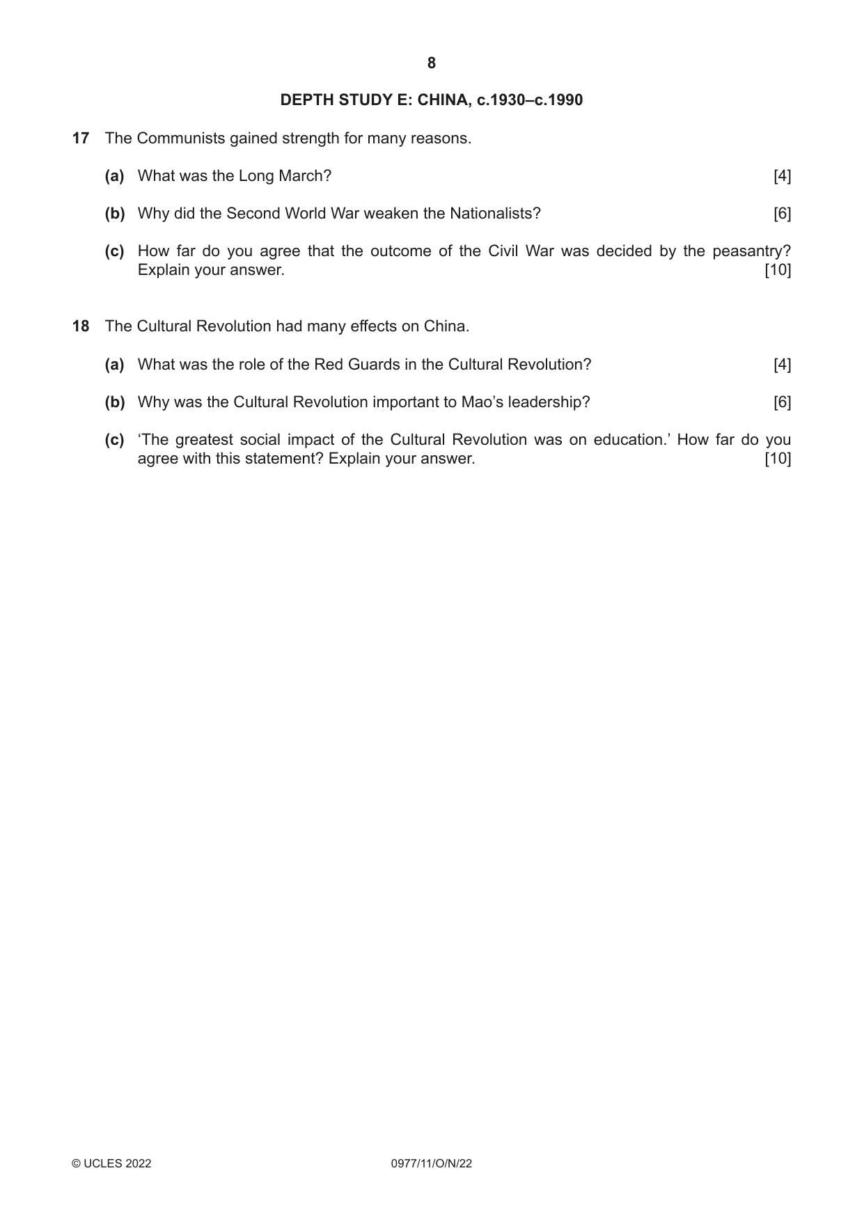 Cambridge IGCSE History (9-1) 0977 2022 Oct/Nov Paper 1 · Variant 1 question paper, page 8 of 12