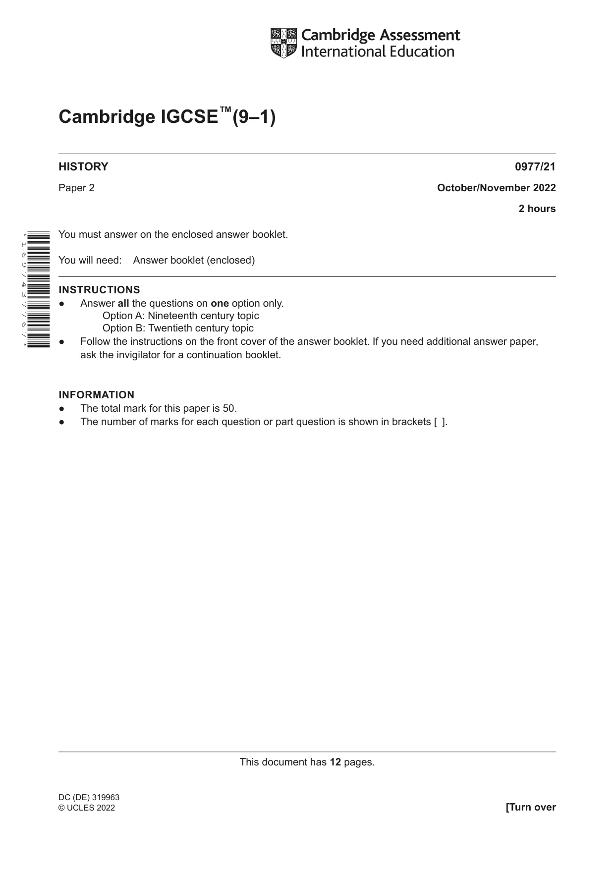Cambridge IGCSE History (9-1) 0977 2022 Oct/Nov Paper 2 · Variant 1 question paper, page 1 of 12