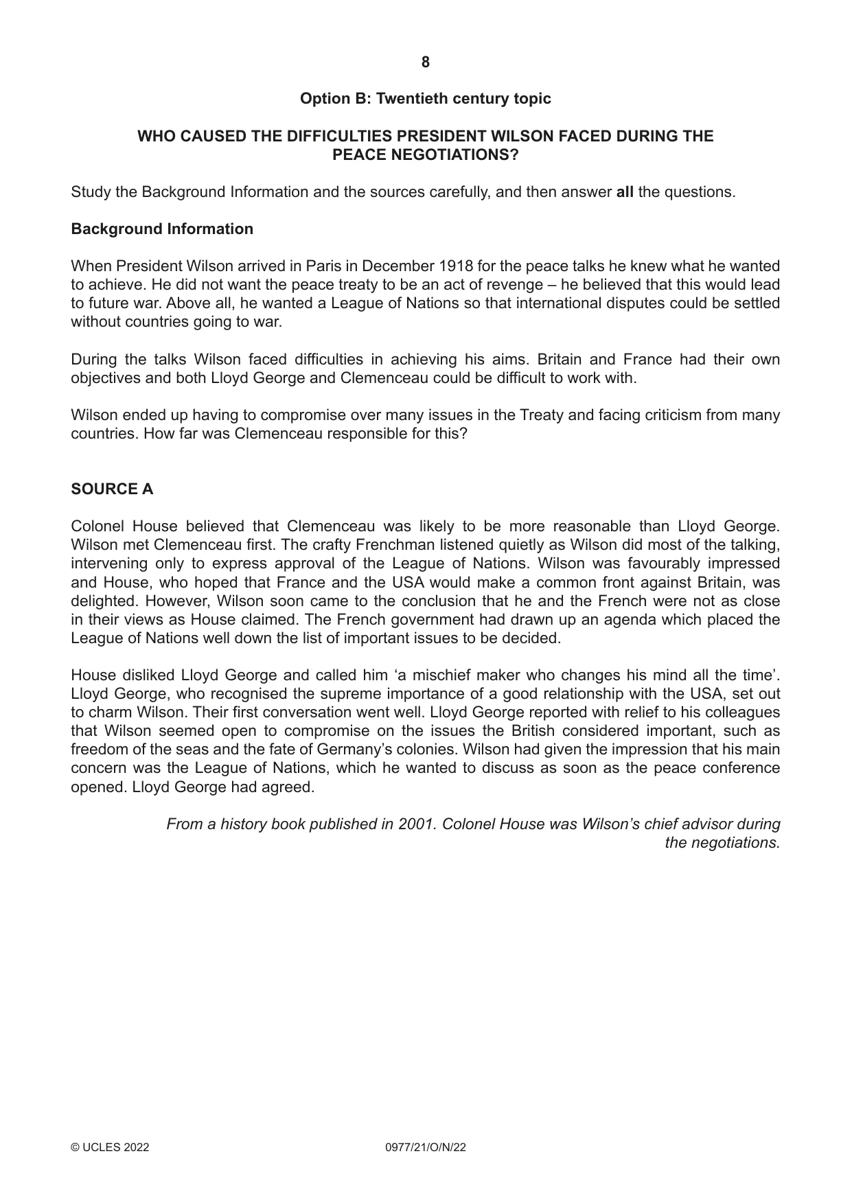 Cambridge IGCSE History (9-1) 0977 2022 Oct/Nov Paper 2 · Variant 1 question paper, page 8 of 12