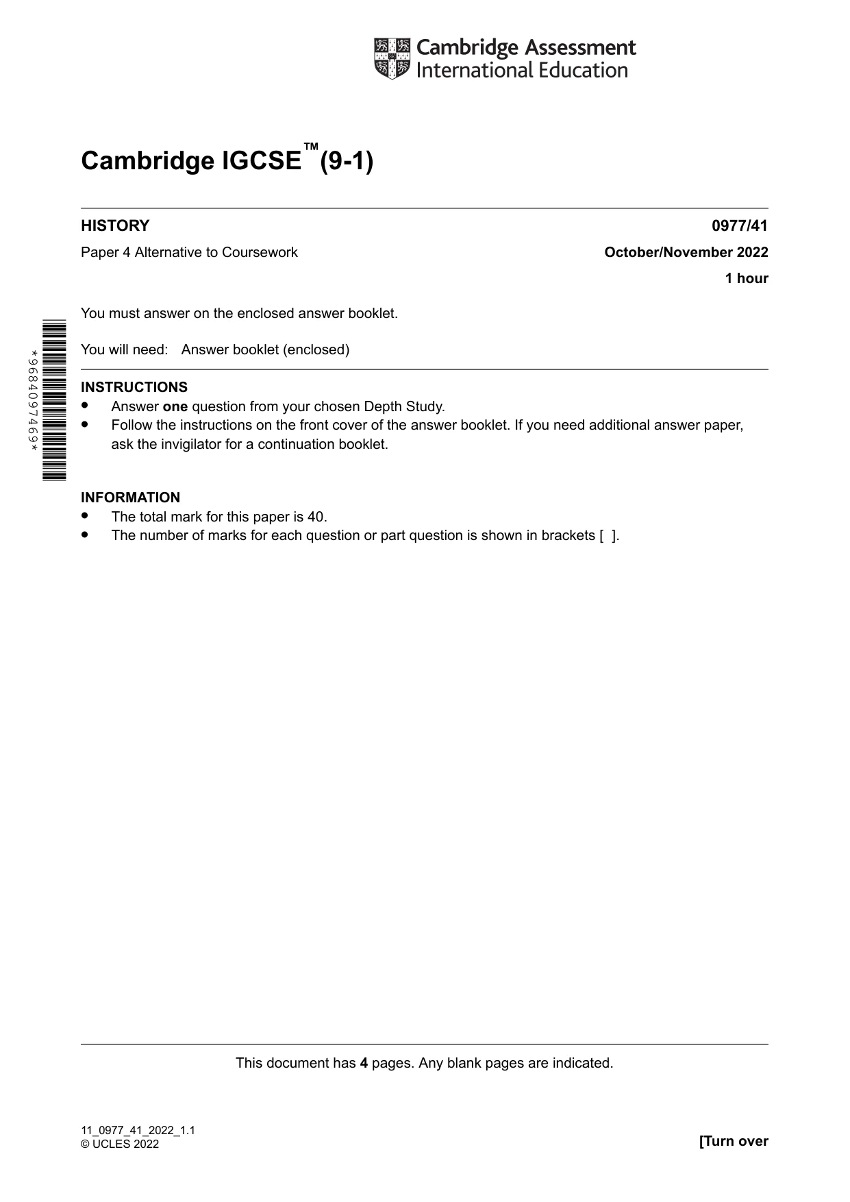 Cambridge IGCSE History (9-1) 0977 2022 Oct/Nov Paper 4 · Variant 1 question paper, page 1 of 4