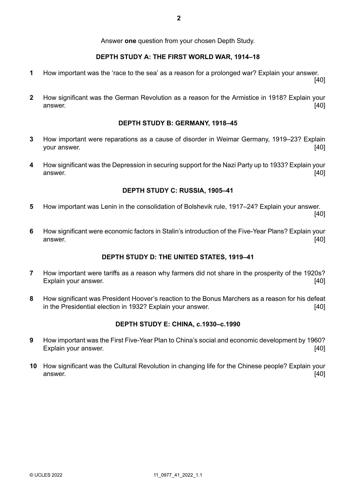 Cambridge IGCSE History (9-1) 0977 2022 Oct/Nov Paper 4 · Variant 1 question paper, page 2 of 4