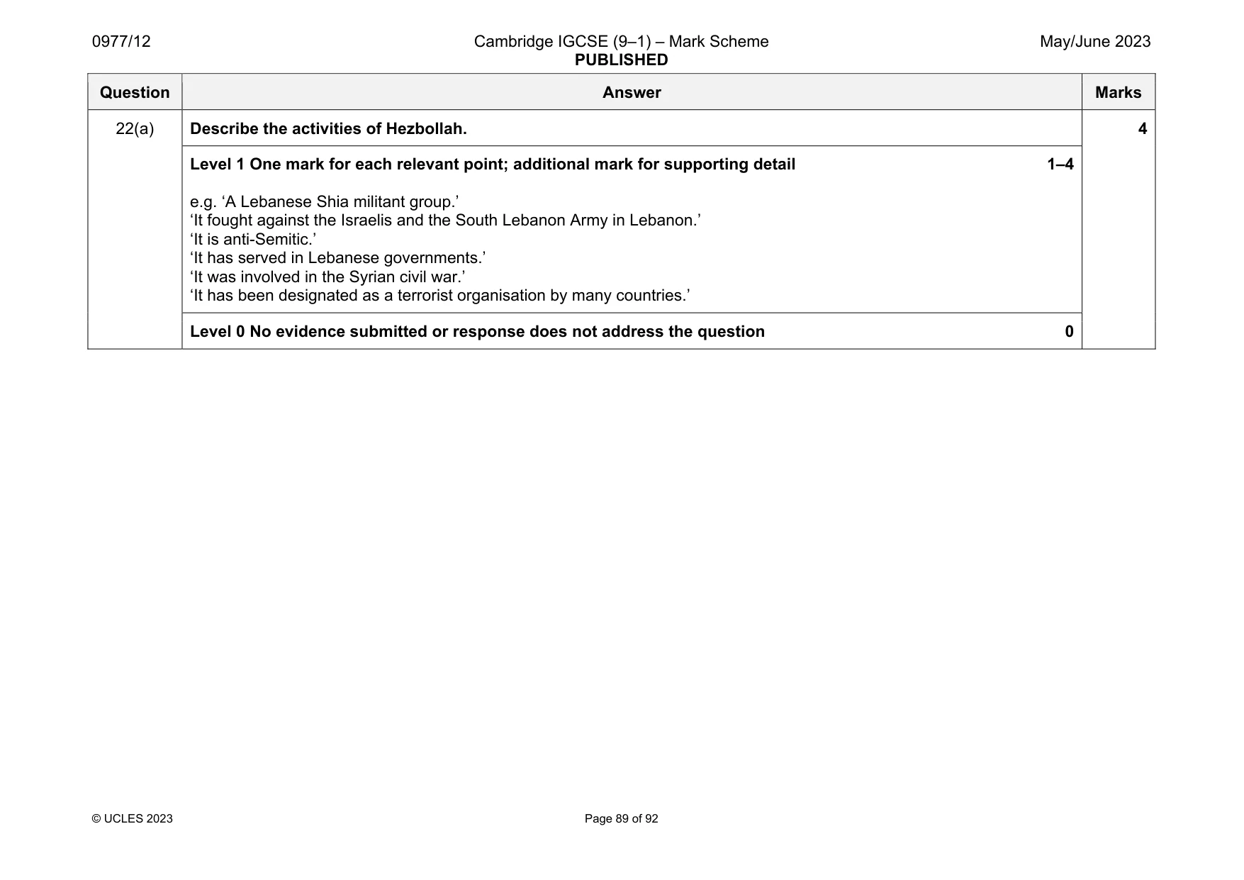 Mark scheme, page 89 of 92
