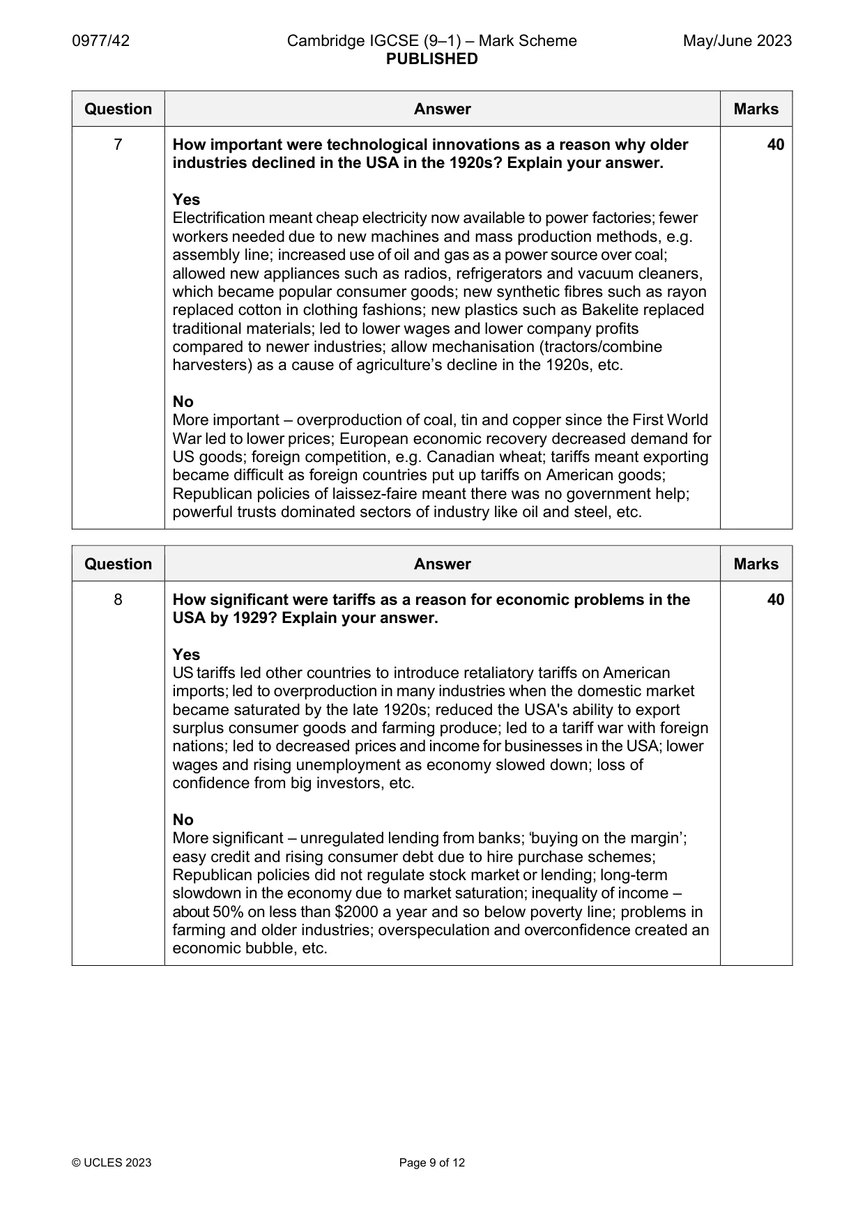 Mark scheme, page 9 of 12