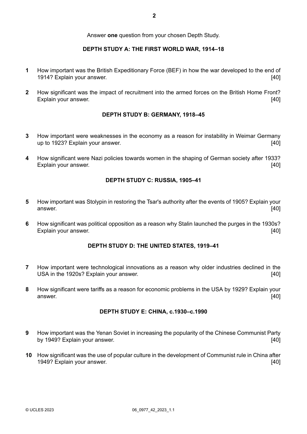 Cambridge IGCSE History (9-1) 0977 2023 May/June Paper 4 · Variant 2 question paper, page 2 of 4