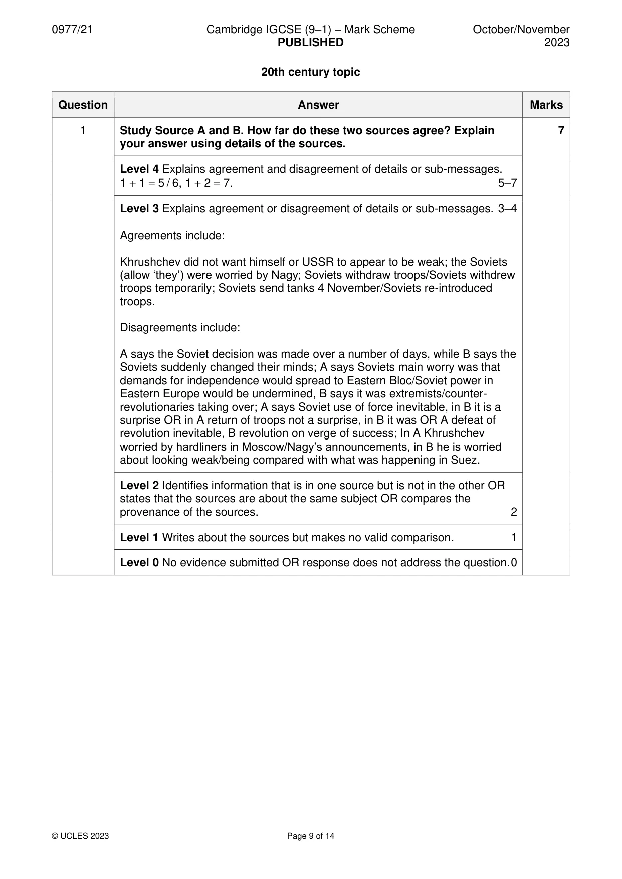 Mark scheme, page 9 of 14