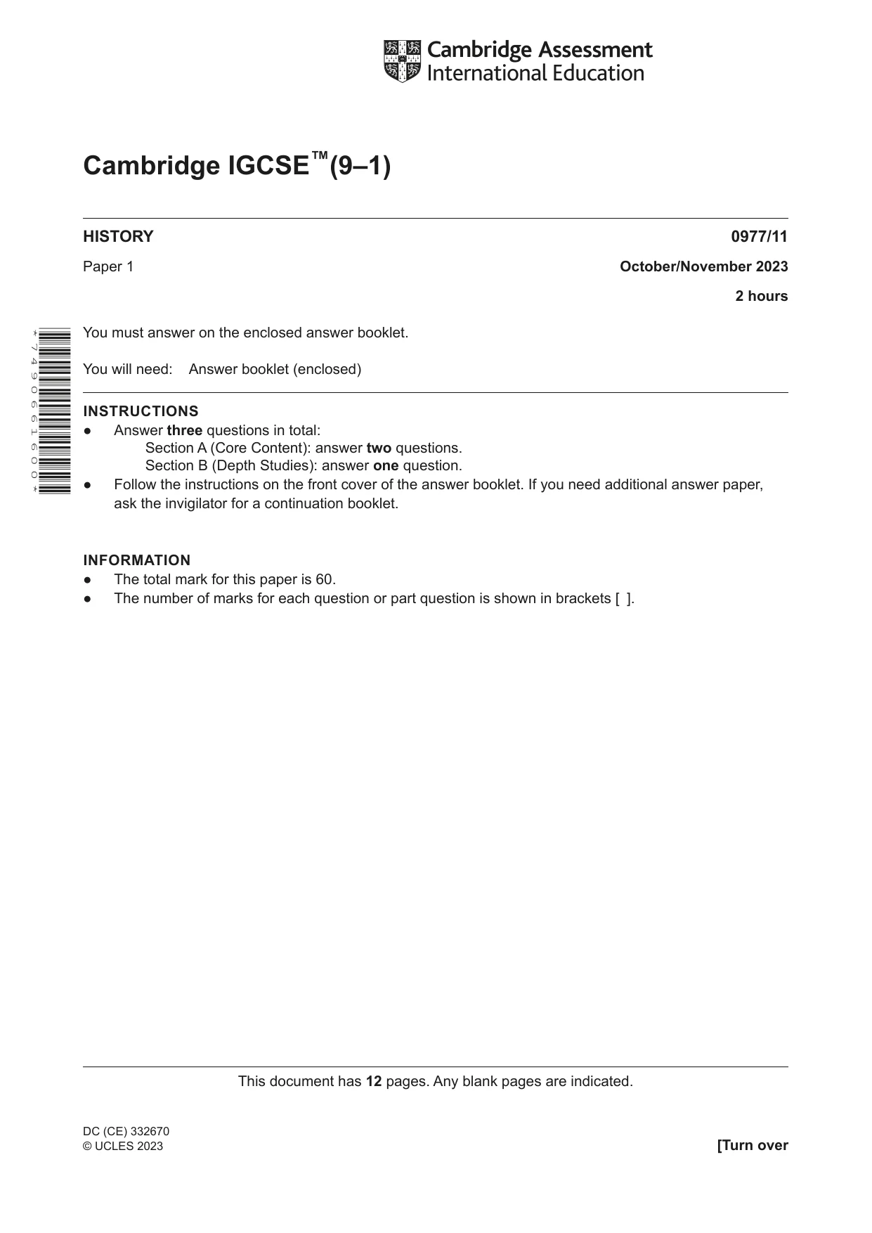 Cambridge IGCSE History (9-1) 0977 2023 Oct/Nov Paper 1 · Variant 1 question paper, page 1 of 12