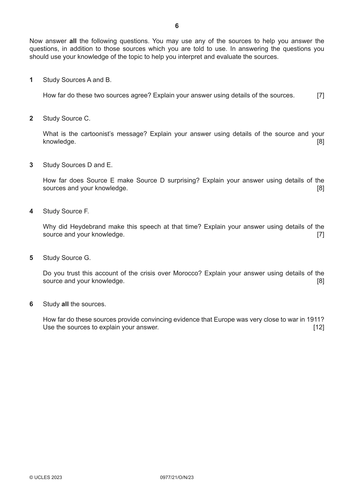 Cambridge IGCSE History (9-1) 0977 2023 Oct/Nov Paper 2 · Variant 1 question paper, page 6 of 12