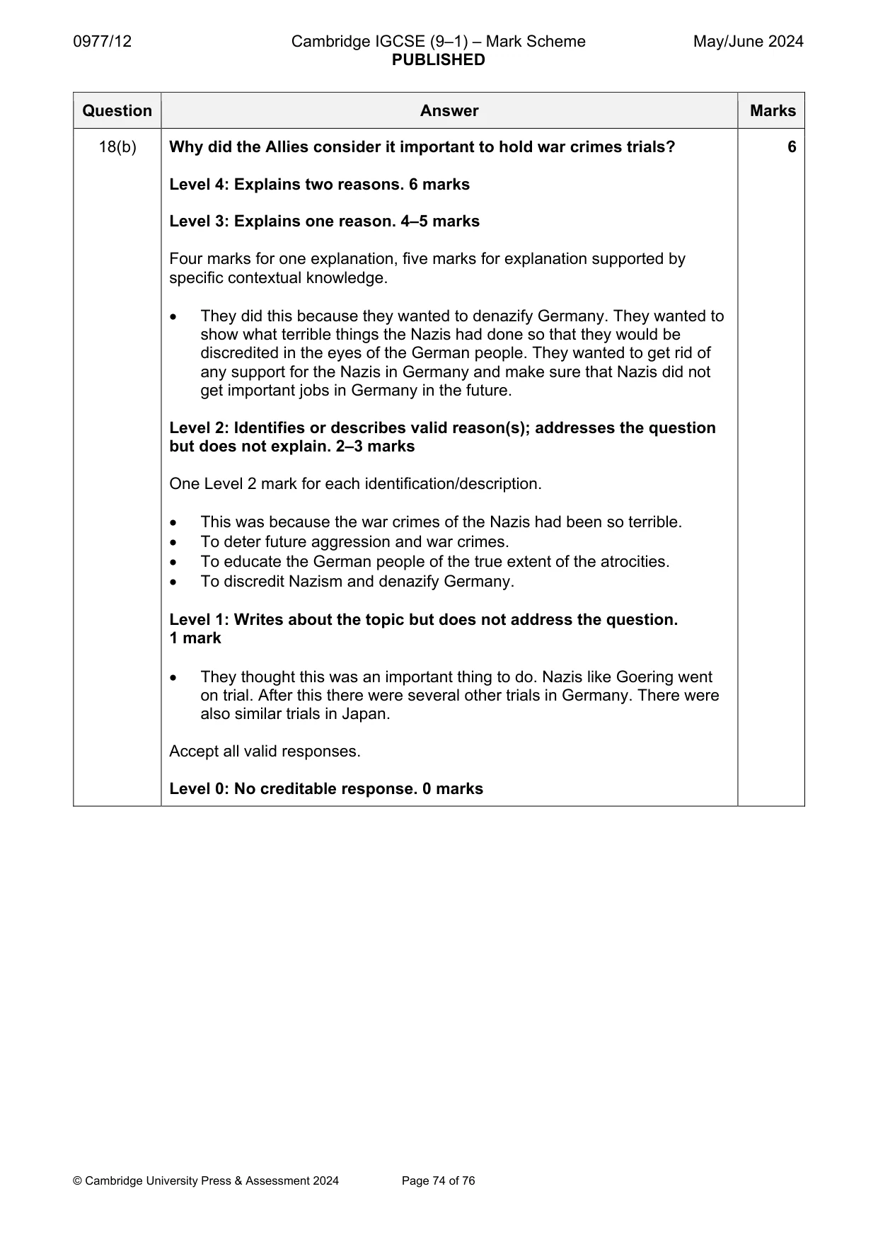 Mark scheme, page 74 of 76