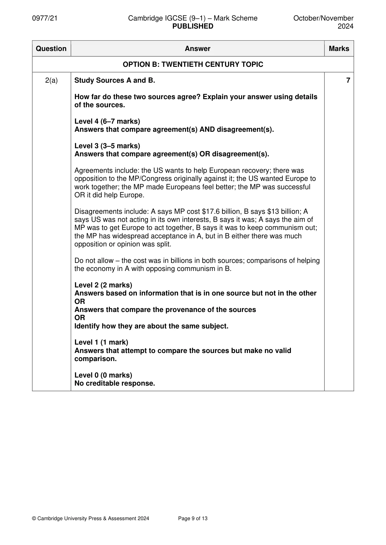 Mark scheme, page 9 of 13