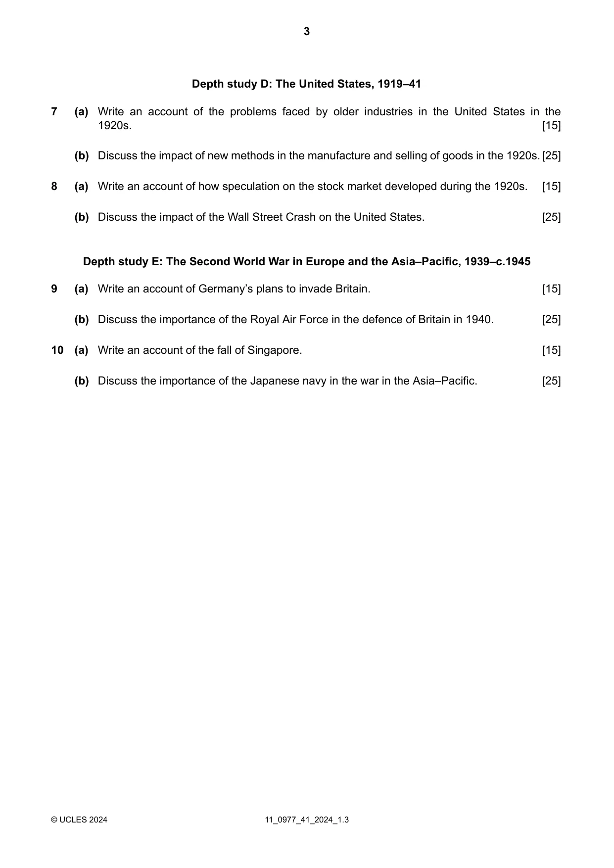 Cambridge IGCSE History (9-1) 0977 2024 Oct/Nov Paper 4 · Variant 1 question paper, page 3 of 4