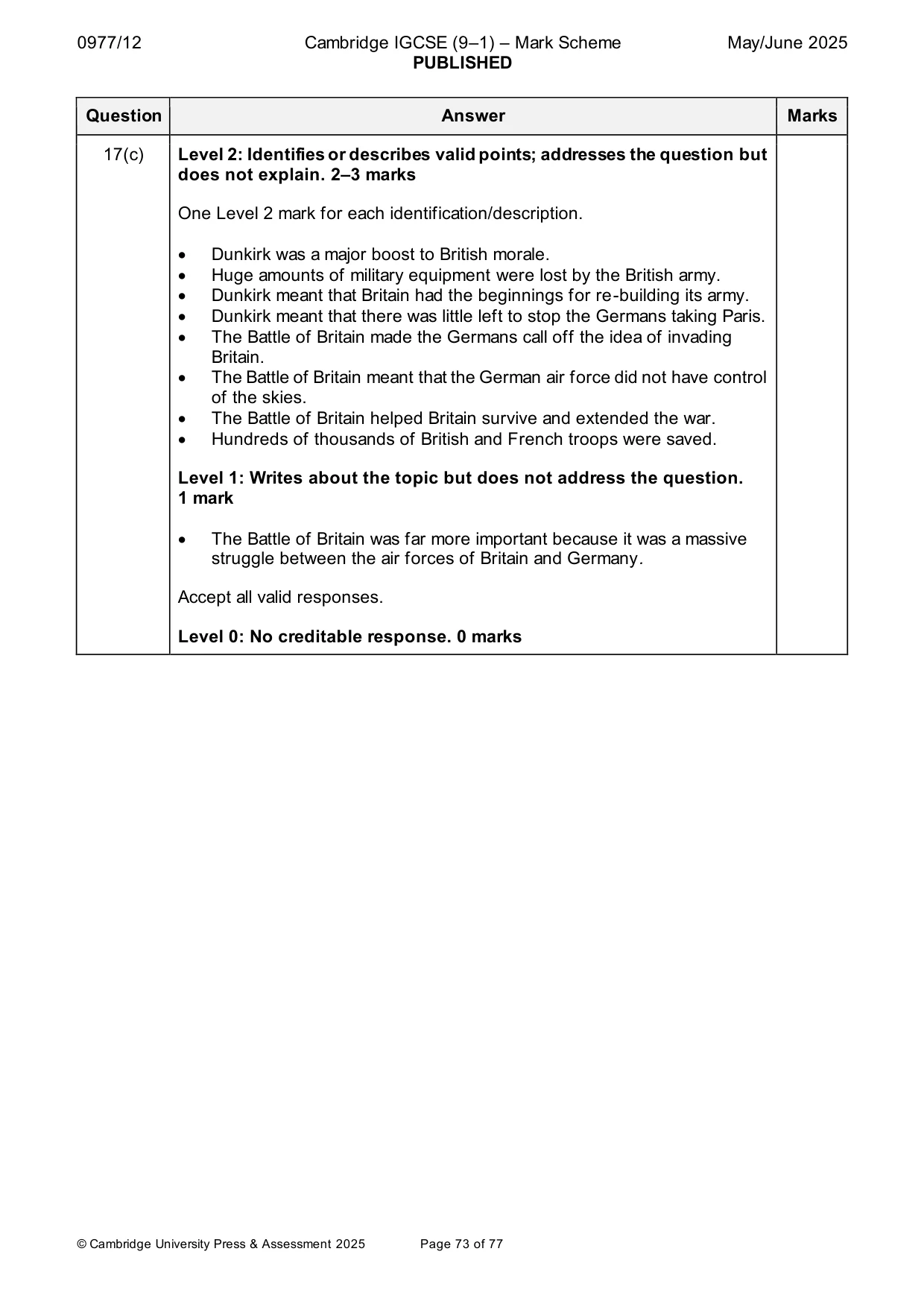 Mark scheme, page 73 of 77