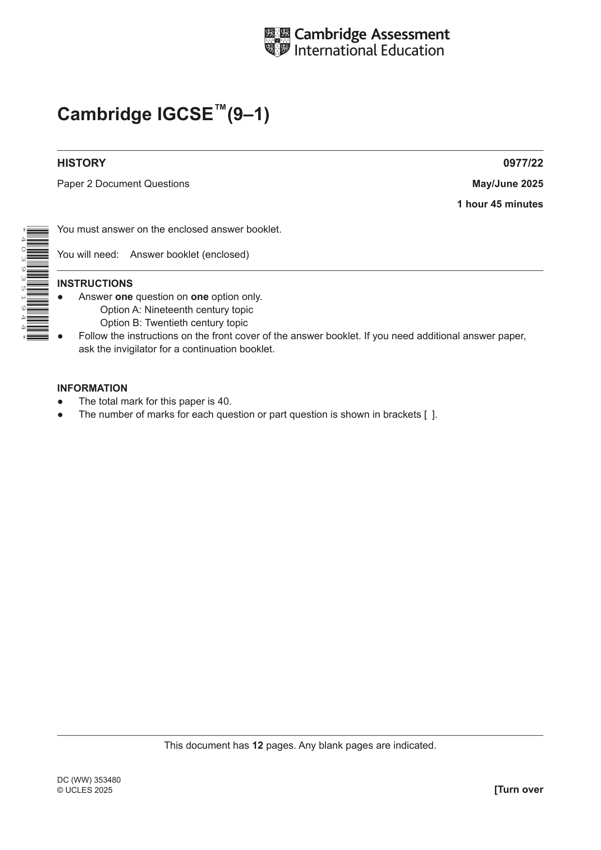Cambridge IGCSE History (9-1) 0977 2025 May/June Paper 2 · Variant 2 question paper, page 1 of 12