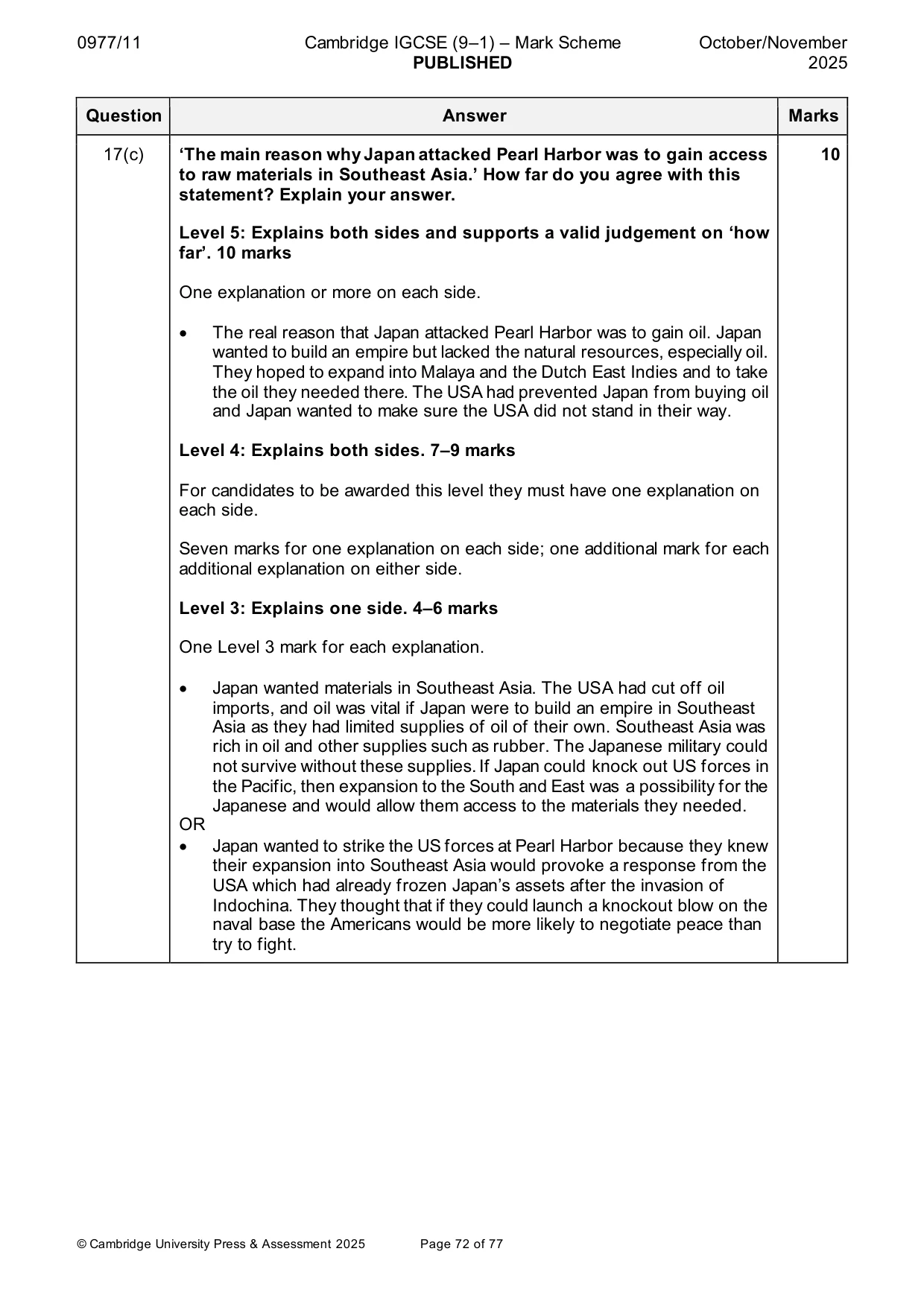 Mark scheme, page 72 of 77