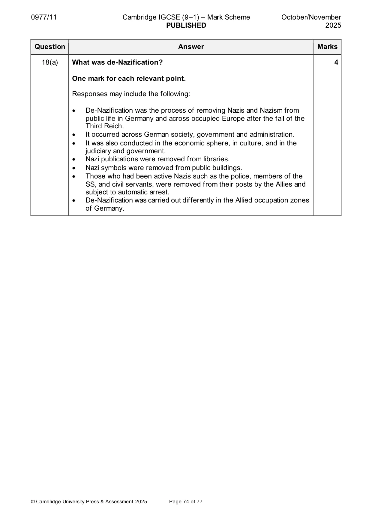 Mark scheme, page 74 of 77