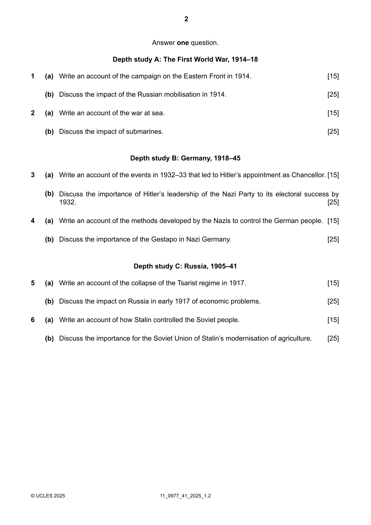 Cambridge IGCSE History (9-1) 0977 2025 Oct/Nov Paper 4 · Variant 1 question paper, page 2 of 4