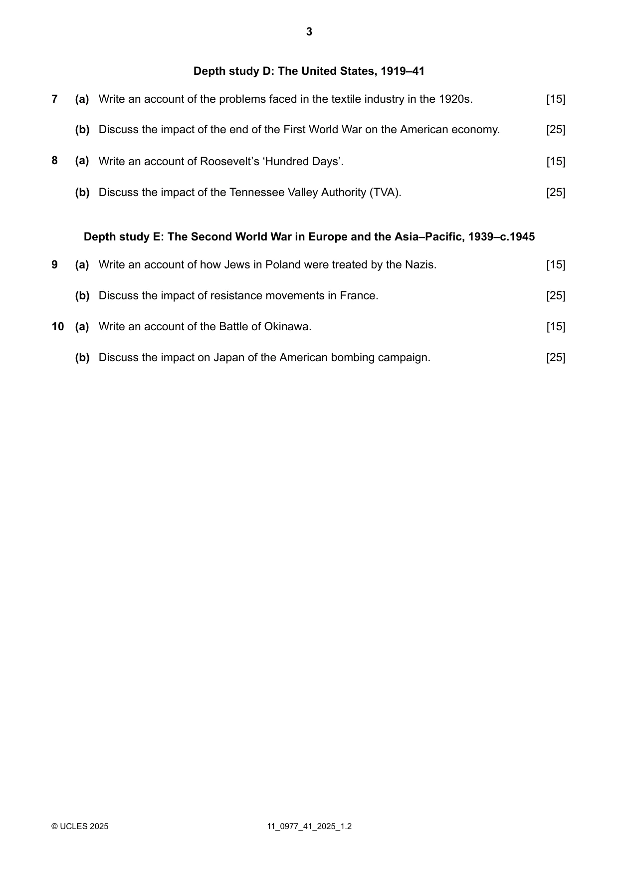 Cambridge IGCSE History (9-1) 0977 2025 Oct/Nov Paper 4 · Variant 1 question paper, page 3 of 4