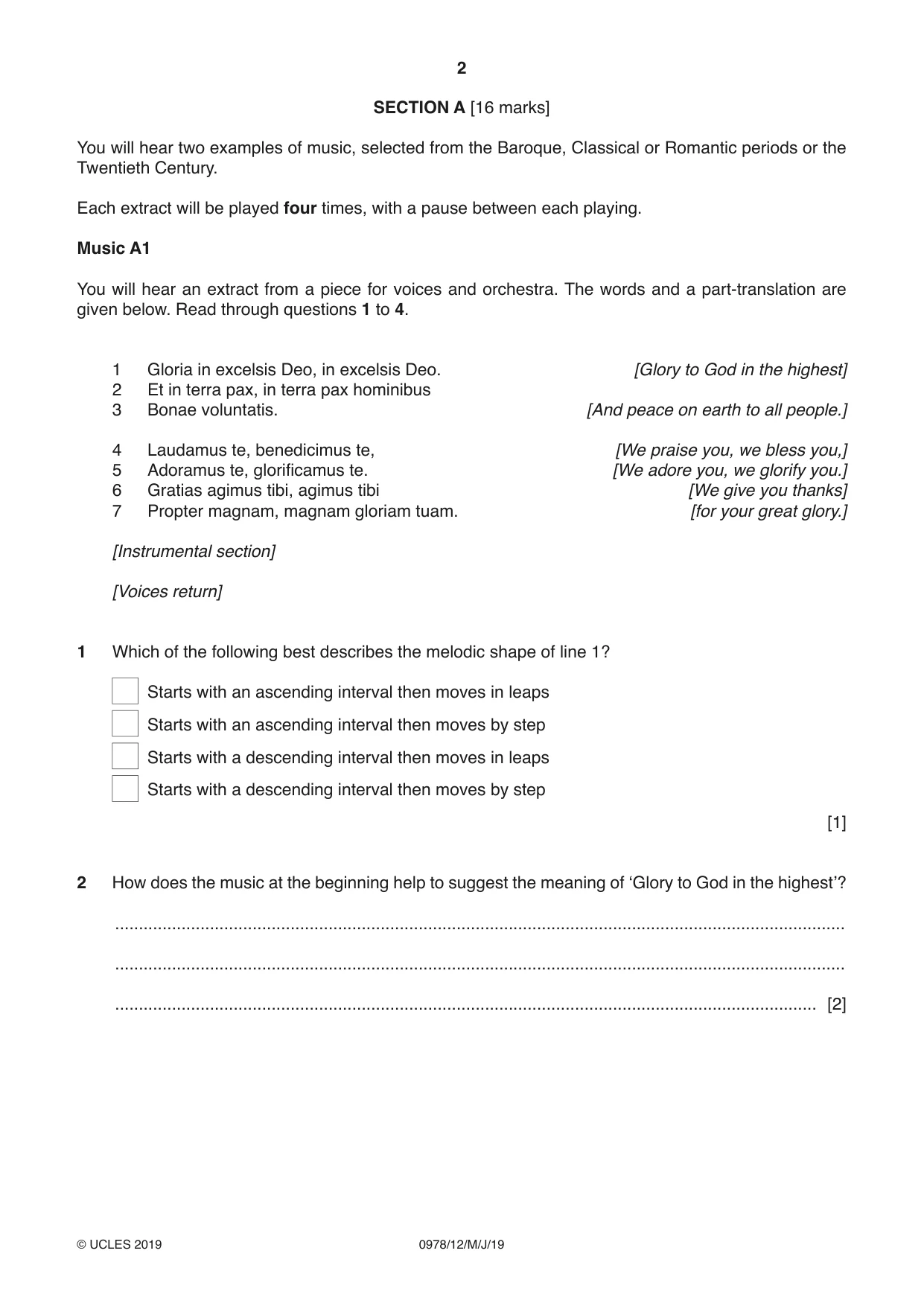 Cambridge IGCSE Music (9-1) 0978 2019 May/June Paper 1 · Variant 2 question paper, page 2 of 16