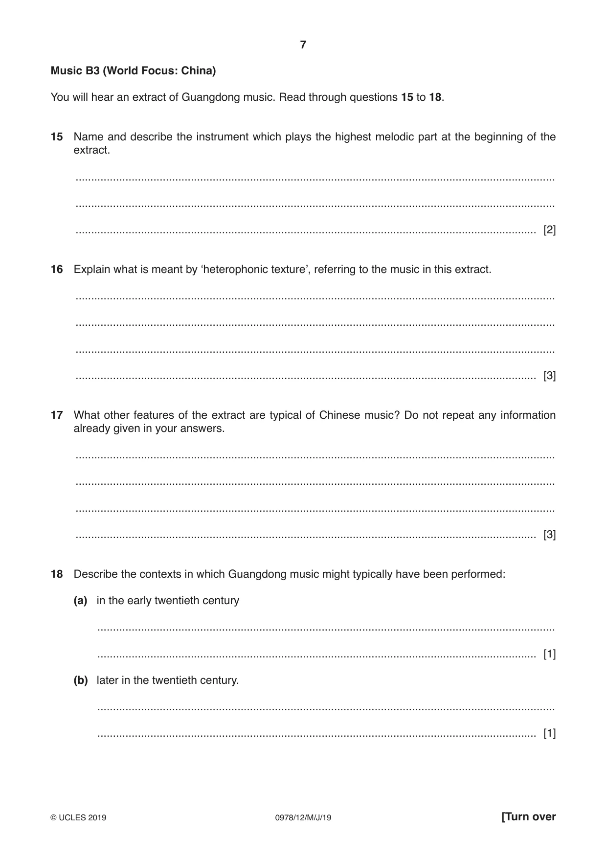 Cambridge IGCSE Music (9-1) 0978 2019 May/June Paper 1 · Variant 2 question paper, page 7 of 16