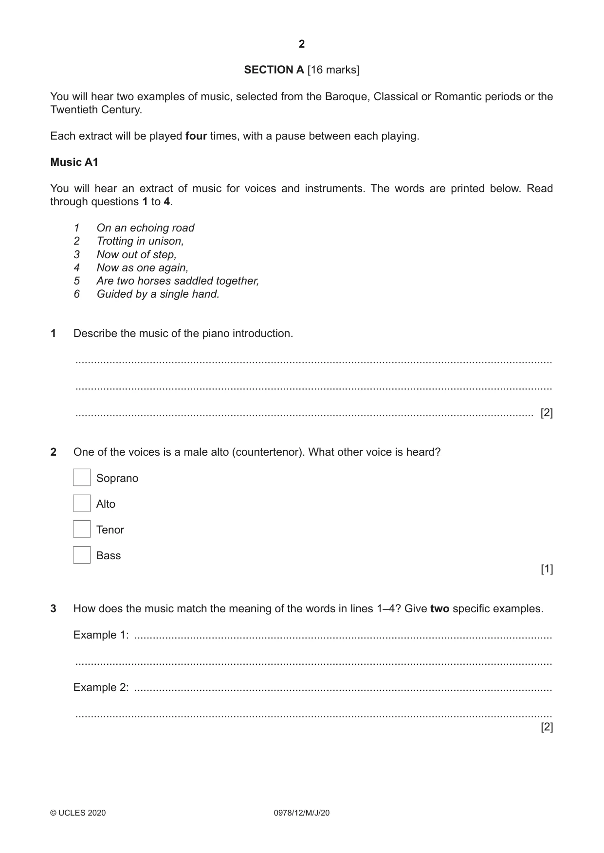 Cambridge IGCSE Music (9-1) 0978 2020 May/June Paper 1 · Variant 2 question paper, page 2 of 16