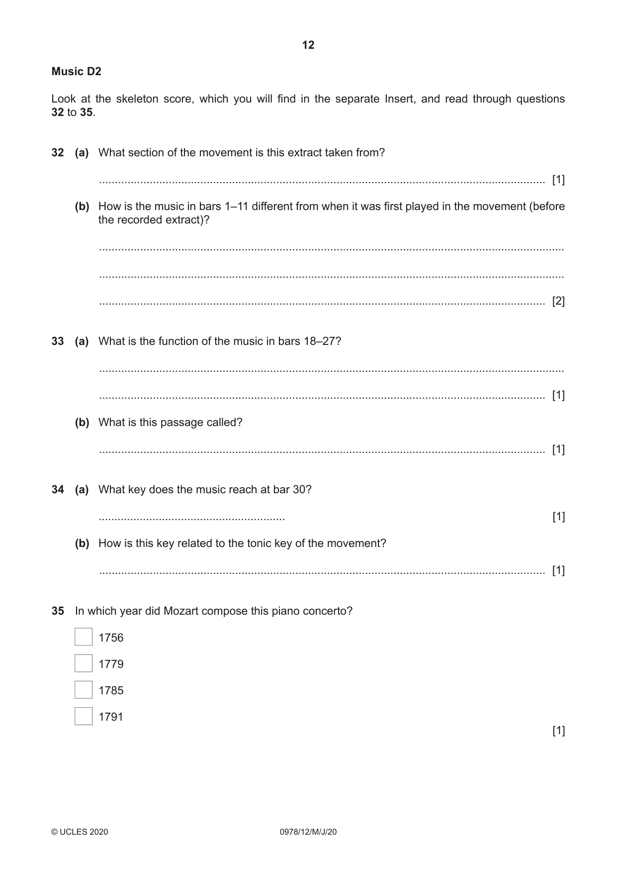 Cambridge IGCSE Music (9-1) 0978 2020 May/June Paper 1 · Variant 2 question paper, page 12 of 16